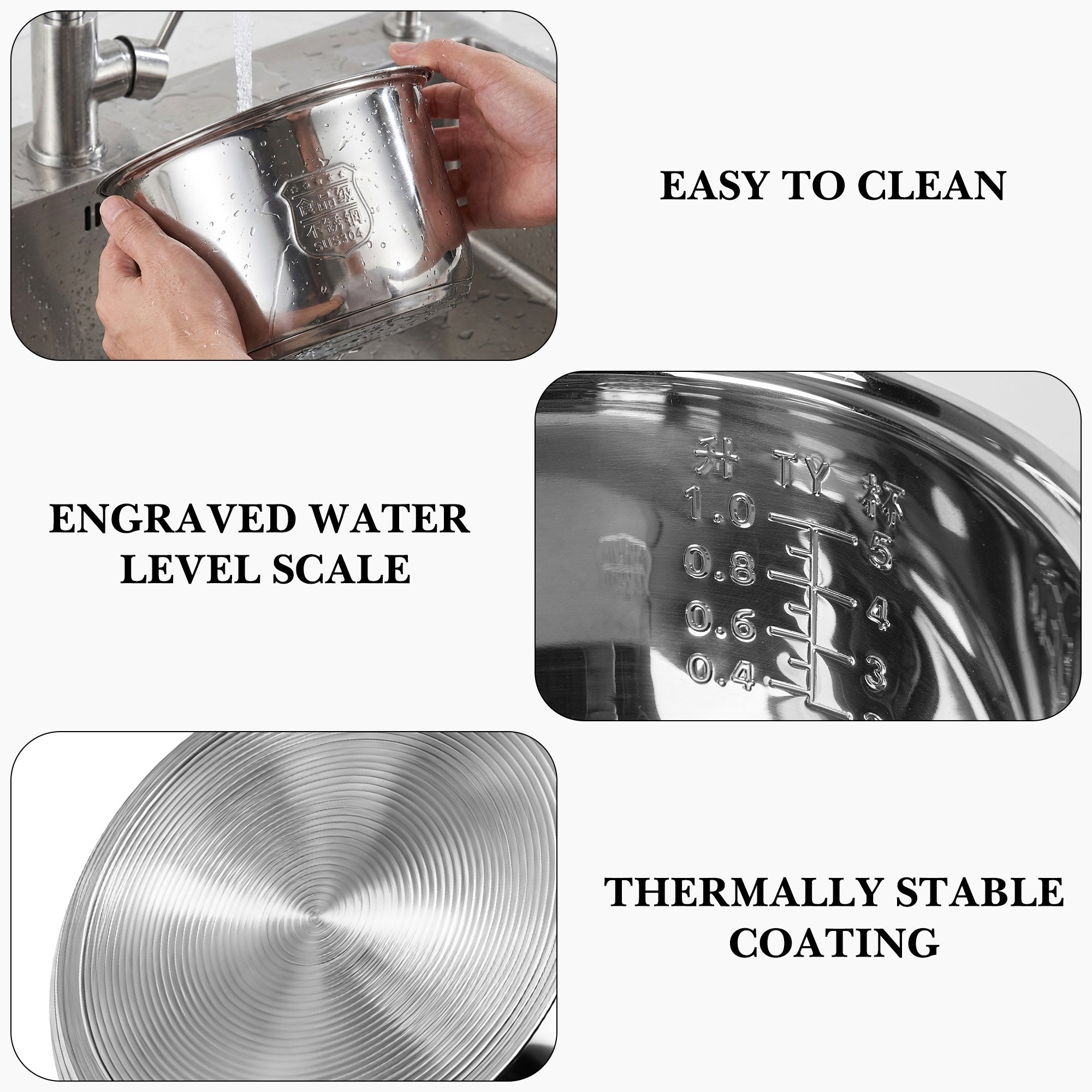 Linkidea 304 Stainless Steel Rice Cooker Replacement Inner Pot Compatible with AROMA ARC-914SBDS (New Version), No Coating, Dishwasher Safe, 4-Cup Rice Cooker Bowl