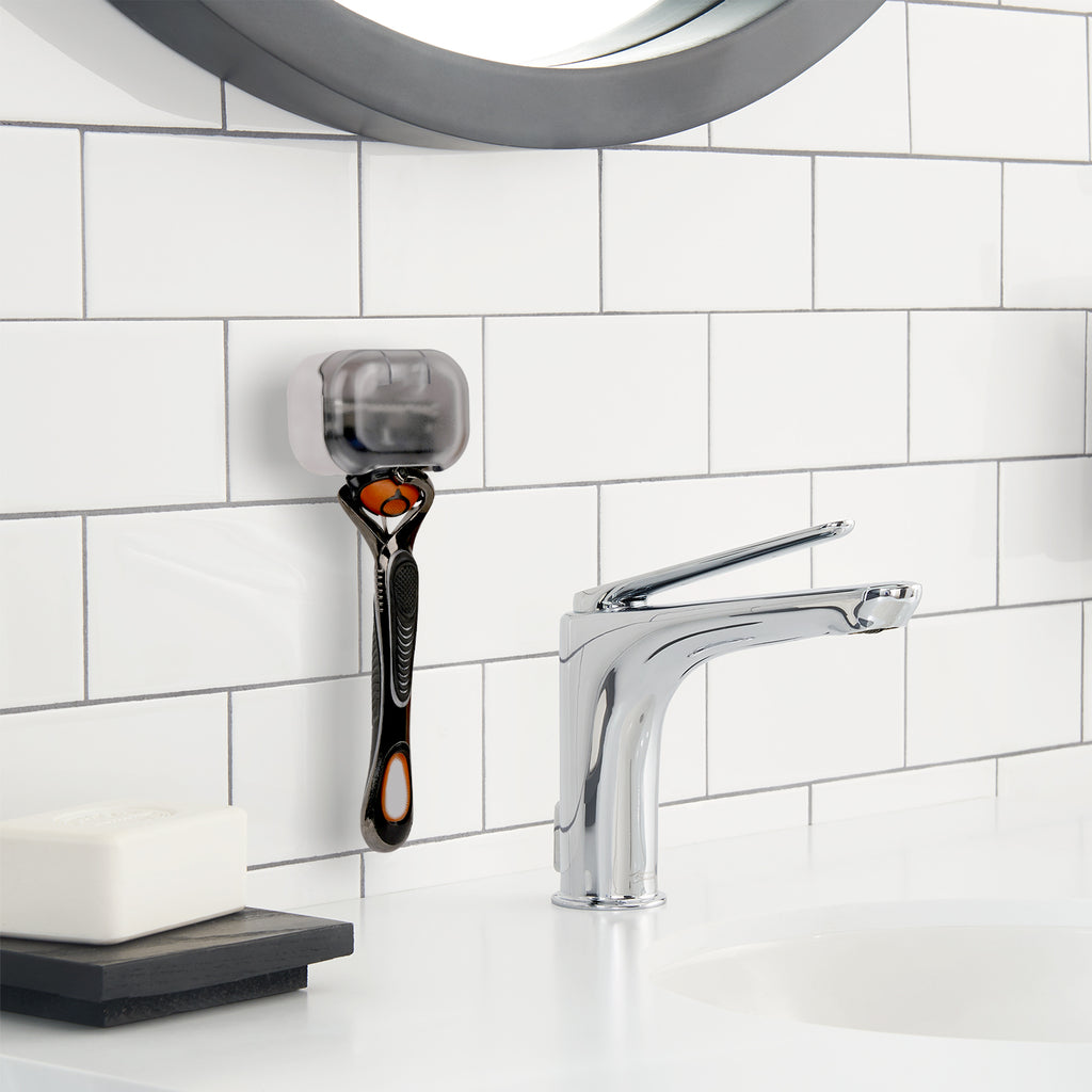 Linkidea 2 Pack Wall Mounted Razor Holder, Waterproof Shaving Stand Accessories, Compatible with Gillette Fusion 5, Labs with Exfoliating Bar, Dorco Pace 6 Pro, Harry's 5 Blade (Grey)