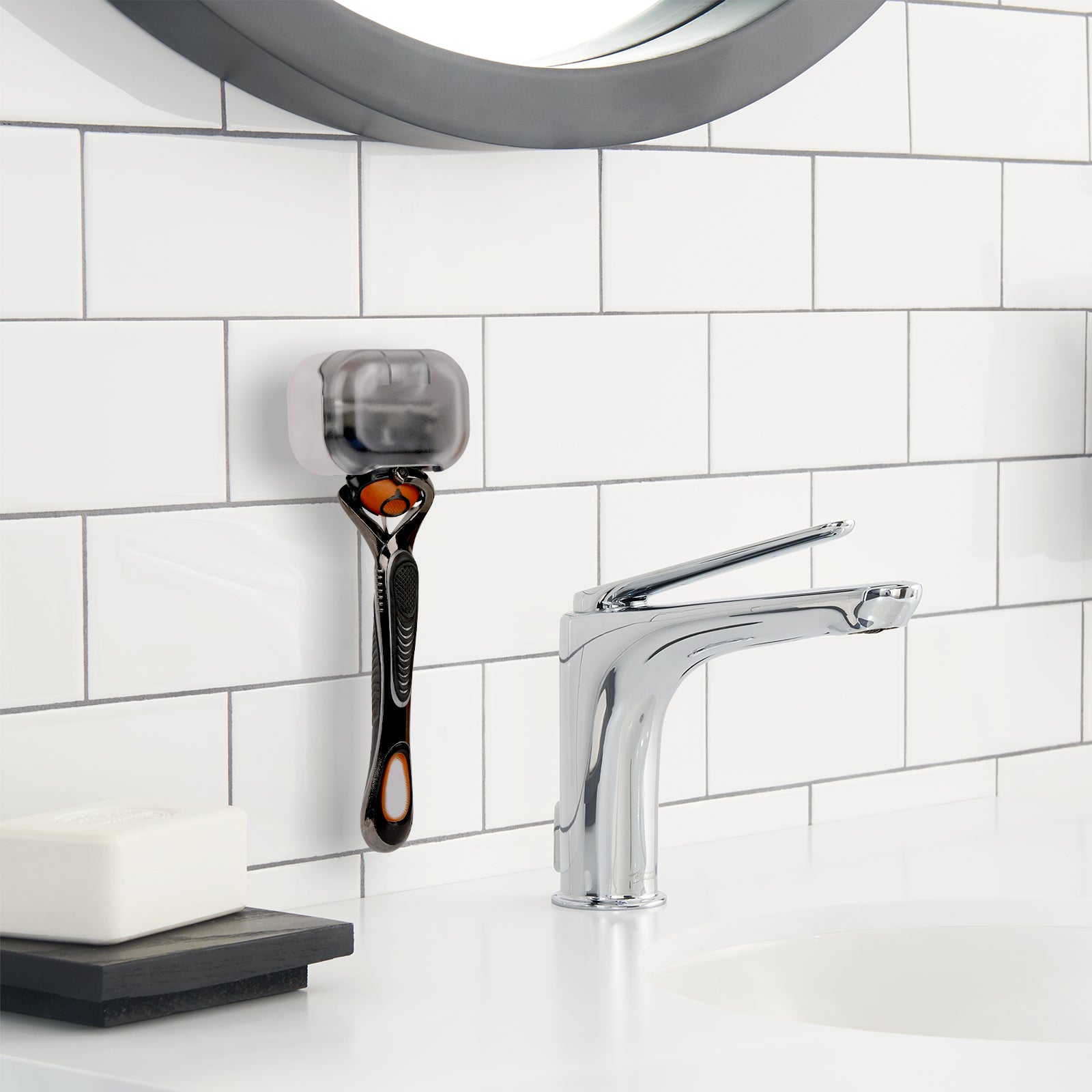 Linkidea 2 Pack Wall Mounted Razor Holder, Waterproof Shaving Stand Accessories, Compatible with Gillette Fusion 5, Labs with Exfoliating Bar, Dorco Pace 6 Pro, Harry's 5 Blade (Grey)