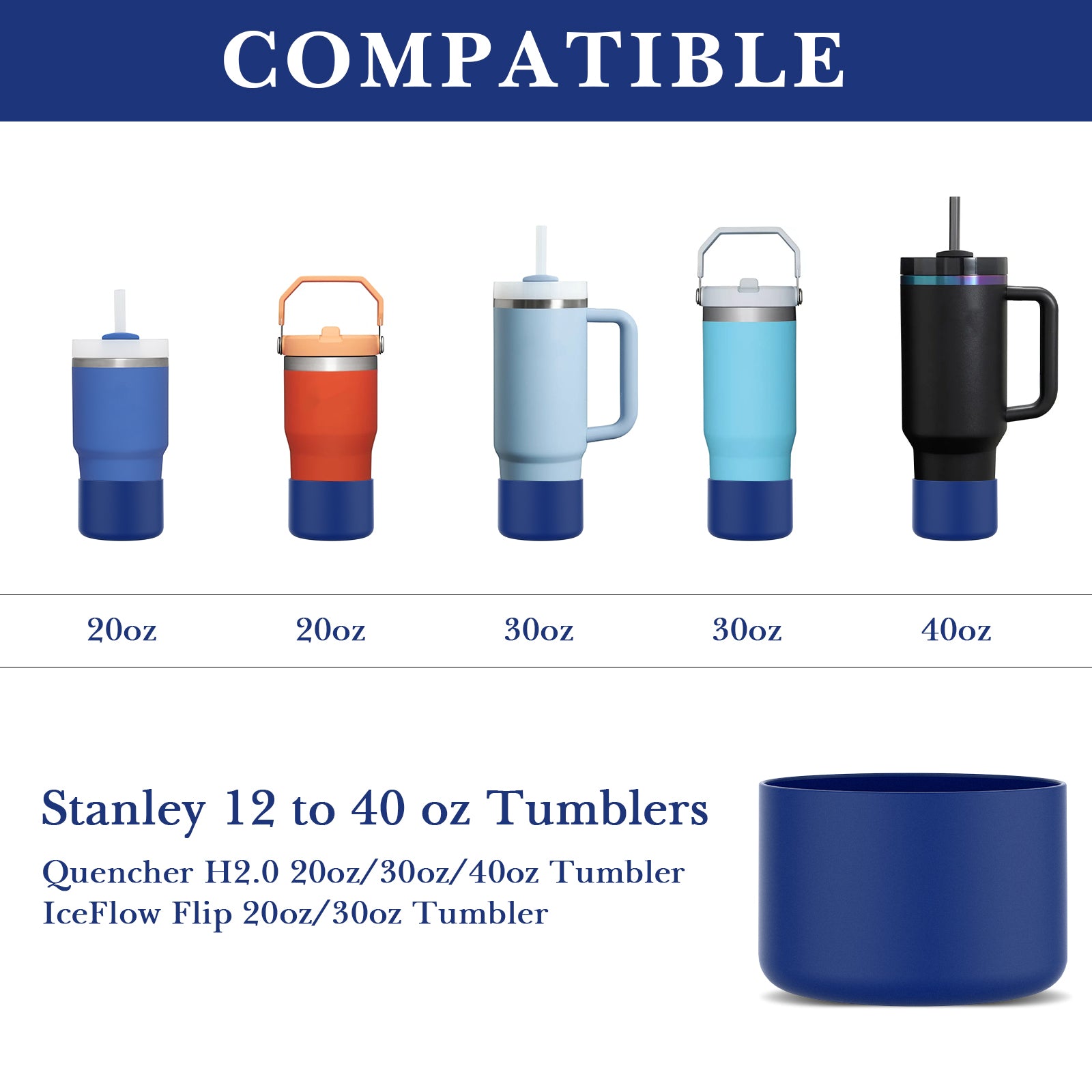 Linkidea 2 Pack Water Bottle Boot Compatible with Stanley Quencher H2.0 20oz/30oz/40oz, IceFlow Flip 20oz/30oz, Silicone Water Bottle Bottom Sleeve Cover Bumper Protector (Cobalt)