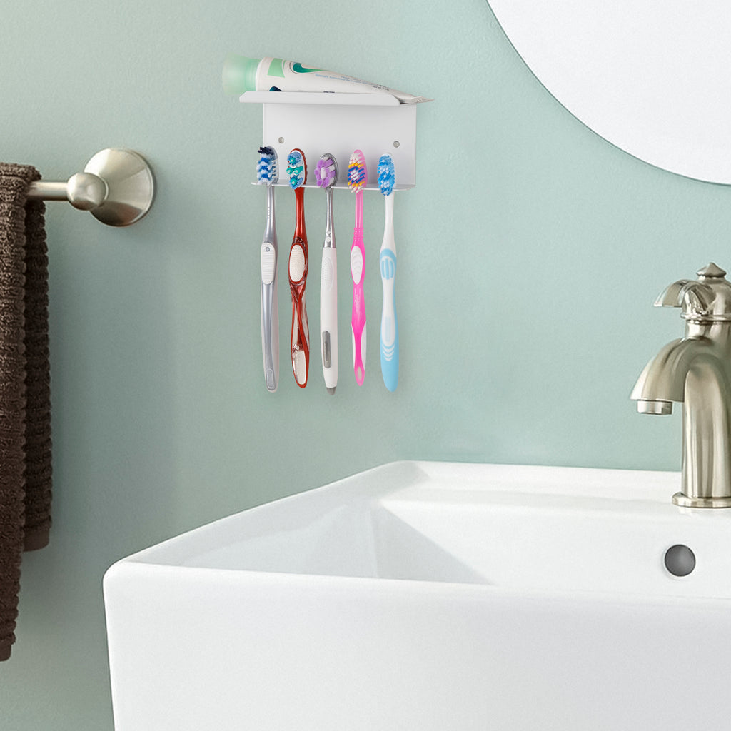 Linkidea Wall Mounted Toothbrush Holder for Shower, Aluminum Self-Adhesive 5 Slots Tooth Brush and Toothpaste Organizer Hanger Compatible with Colgate Extra Clean, Oral-B CrossAction (White)