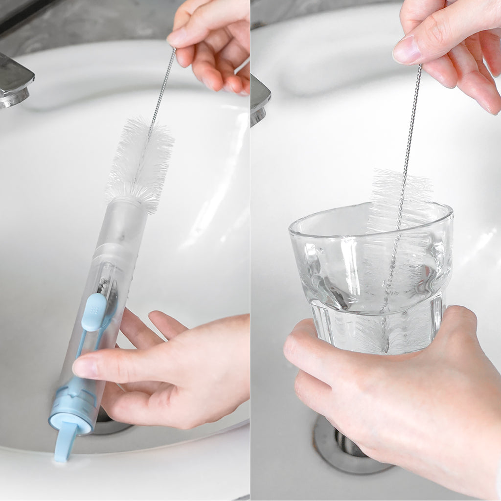 Linkidea 2 in 1 Portable Toothbrush Built-in Tube, Refillable Toothpaste Container Case, Travel Fold Kit with 2 Replace Head and 2 Cleaning Brushes (Blue, White)