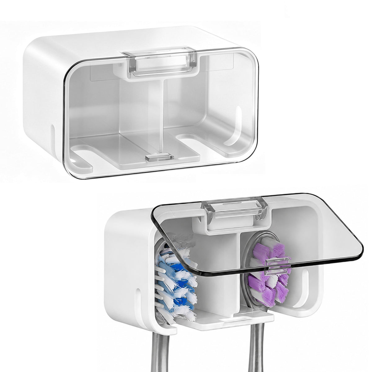 Linkidea 2-Pack Self-Adhesive Toothbrush Holder with Light Gray Cover, Dustproof Dual Slots Brush Holder for Shower, Compatible with Colgate Renewal, Oral-B CrossAction Toothbrush