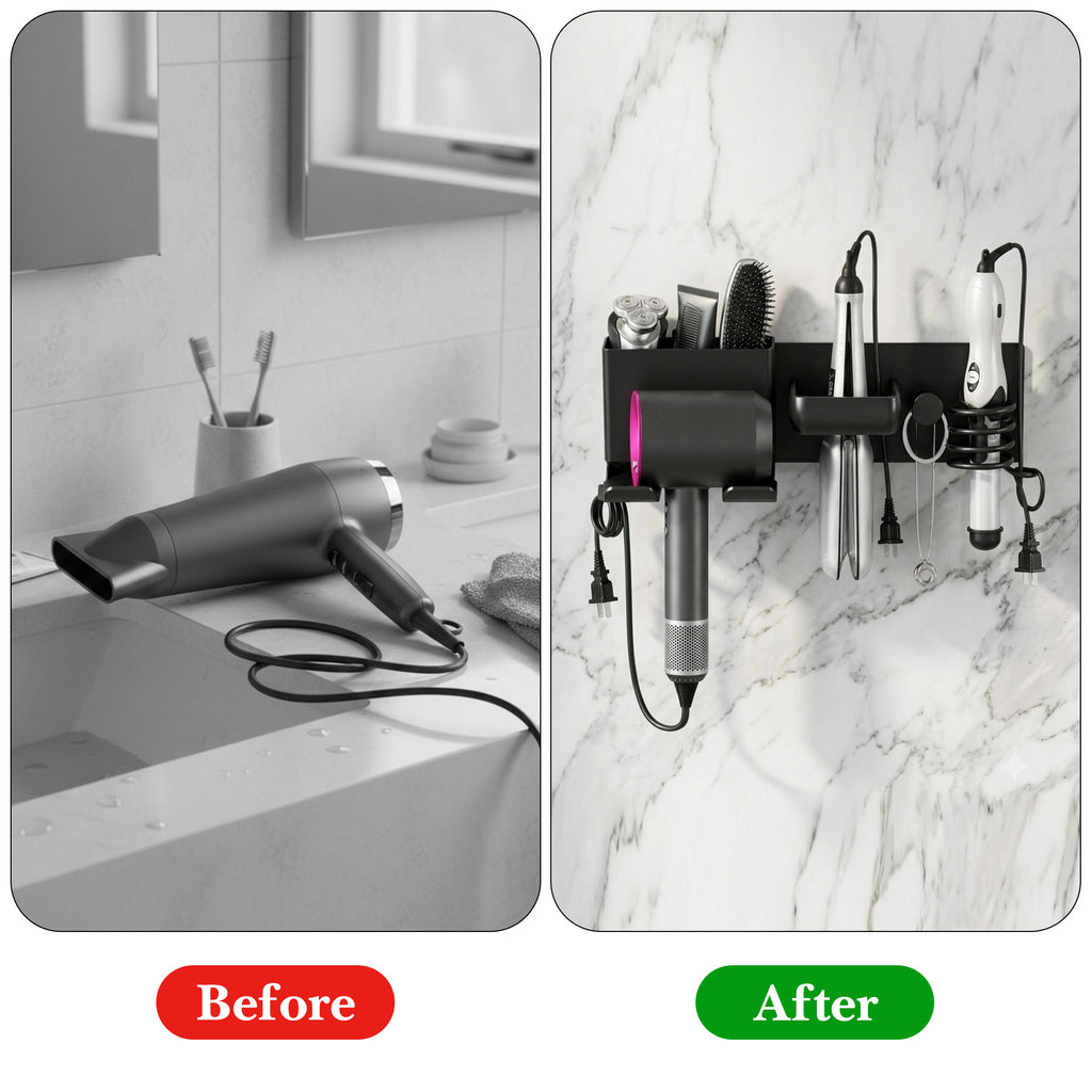 Linkidea Wall Mounted Hair Dryer Holder with Hook, 4-in-1 Aluminum Hair Tool Organizer, Compatible with Dyson Supersonic Origin, Supersonic Nural, Blow Dryer Storage Rack (Black)