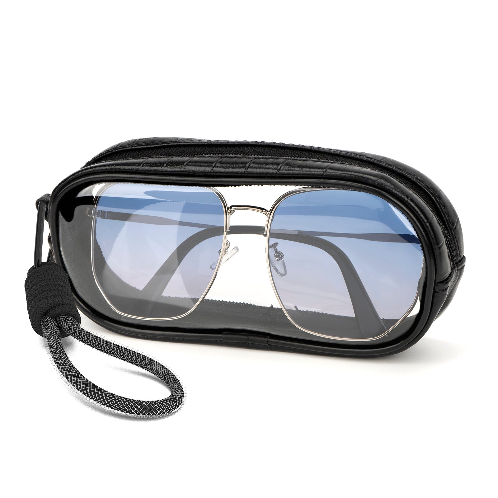 Extra Large Sunglasses Pouch Case with Hand Strap, Vegan Leather Sun Glasses Eyeglasses Organizer Soft Bag Compatible with CELINE CL40227U Versace VE4395 Gucci GG0595S GG0875S (XXL, Clear)