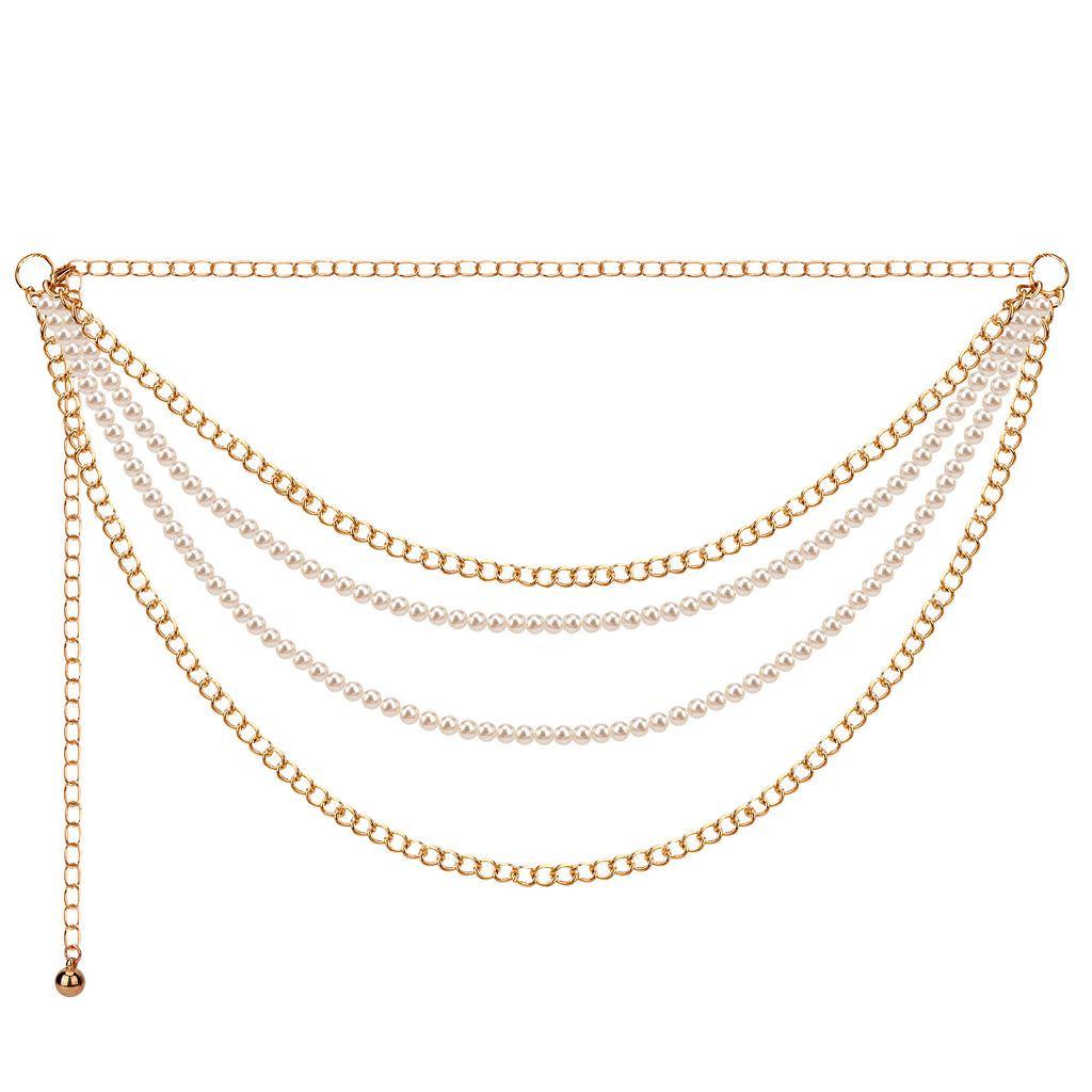 Plus Size Waist Chain for Women, 4 Layers White Pearl Fashion Body Chain, 31.5-45 Inch Adjustable Chunky Belt Accessory