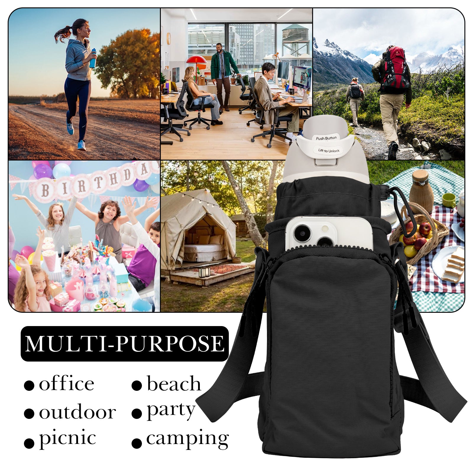 Linkidea Water Bottle Carrier with Strap Compatible with Owala FreeSip 24oz/32oz, IRON FLASK Wide Mouth 32oz, Bottle Shoulder Strap Bag Holder with Phone Pocket (Black)