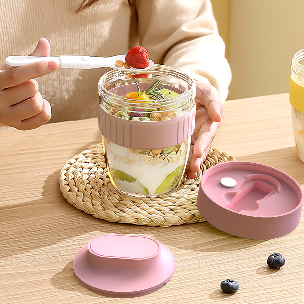 Linkidea Overnight Oats Containers with Lids, 19.2 oz Airtight Plastic Yogurt Cups with Spoons and Lids, Portable Overnight Oat Container for Milk, Cereal, Fruit, Yogurt, Fits Work/Picnic (Pink)