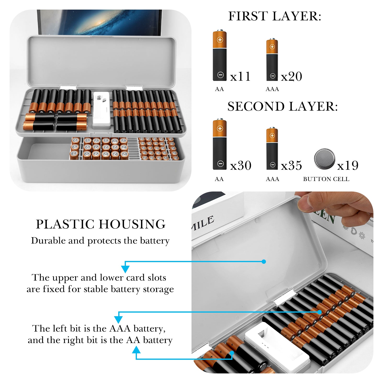Linkidea Double Layer Battery Organizer Storage Case with Tester, Holds 41 AA, 55 AAA, 19 Button Cells, Large Capacity Portable Battery Caddy (Grey)