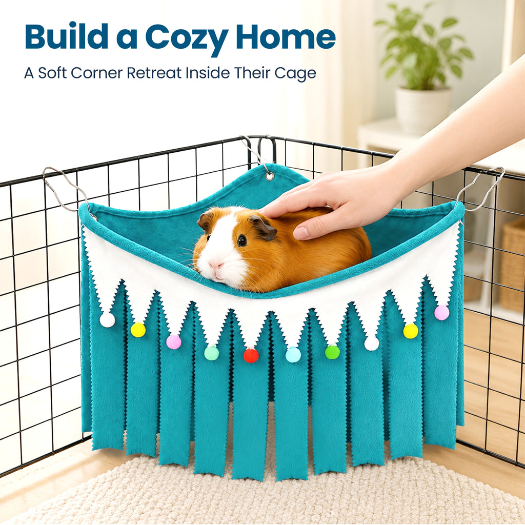 Corner Fleece Hideout Hammock for Small Animals, Cozy Hanging Cage Bed with Tassel Curtain, Soft Habitat Shelter with 3 Metal Hooks for Guinea Pigs, Rabbits, Rats, Ferrets, Chinchillas