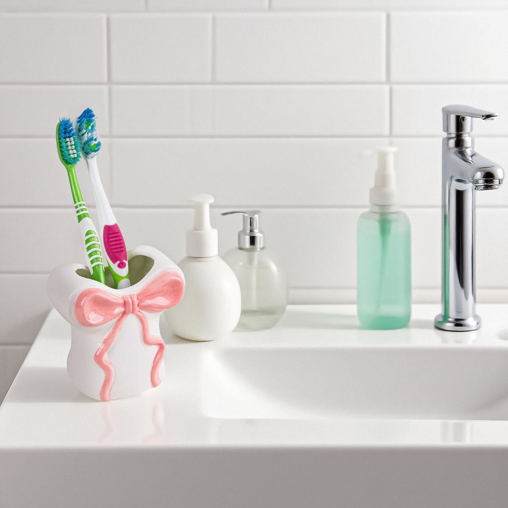 Linkidea Countertop Toothbrush Holder for Bathroom, Ceramic Personalized Bowtie Stand for Manual Toothbrush, Vanity Organizer Compatible with Oral-B CrossAction, Philips Sonicare One