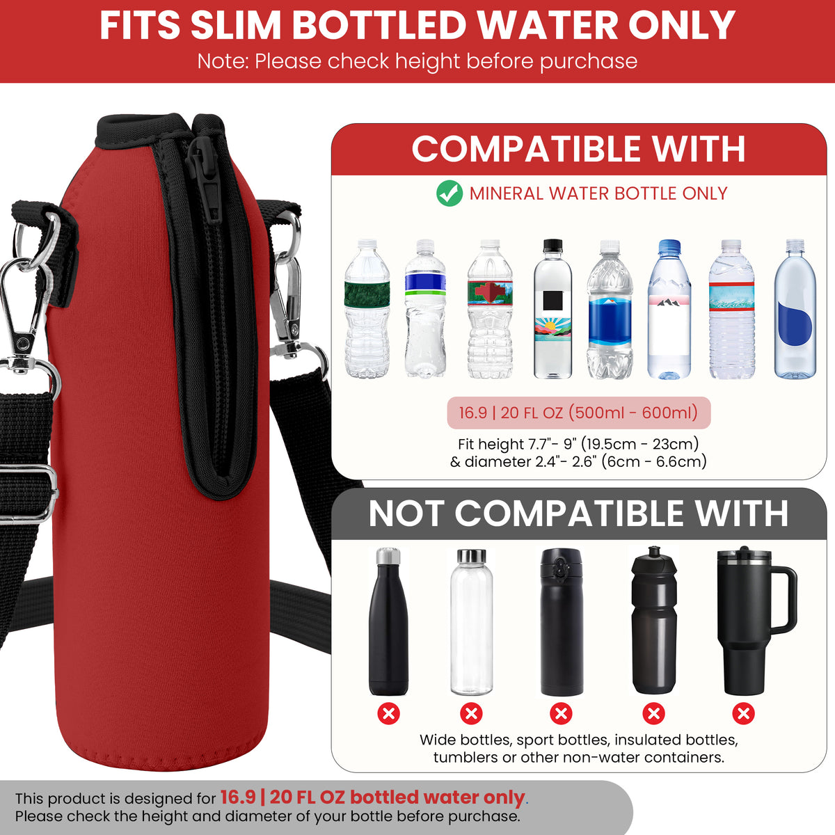 Linkidea Disposable Water Bottle Carrier with Strap Compatible with Smartwater 16.9/20Fl Oz, Insulated Neoprene Plastic Bottled Water Cover Holder with Clip for Backpack (Red)