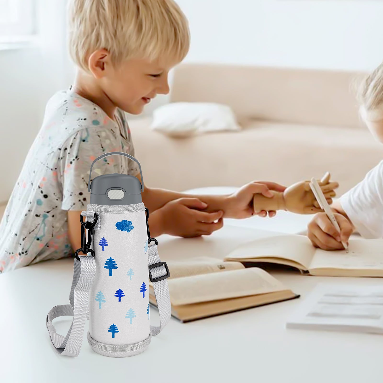 Linkidea Slim Water Bottle Carrier with Strap Compatible with THERMOS FUNTAINER Steel 16oz, Ion8 Sport OneTouch 2.0 500ml, Hard Base Waterbottle Sling Bag Keeps Bottle Upright, Gray White