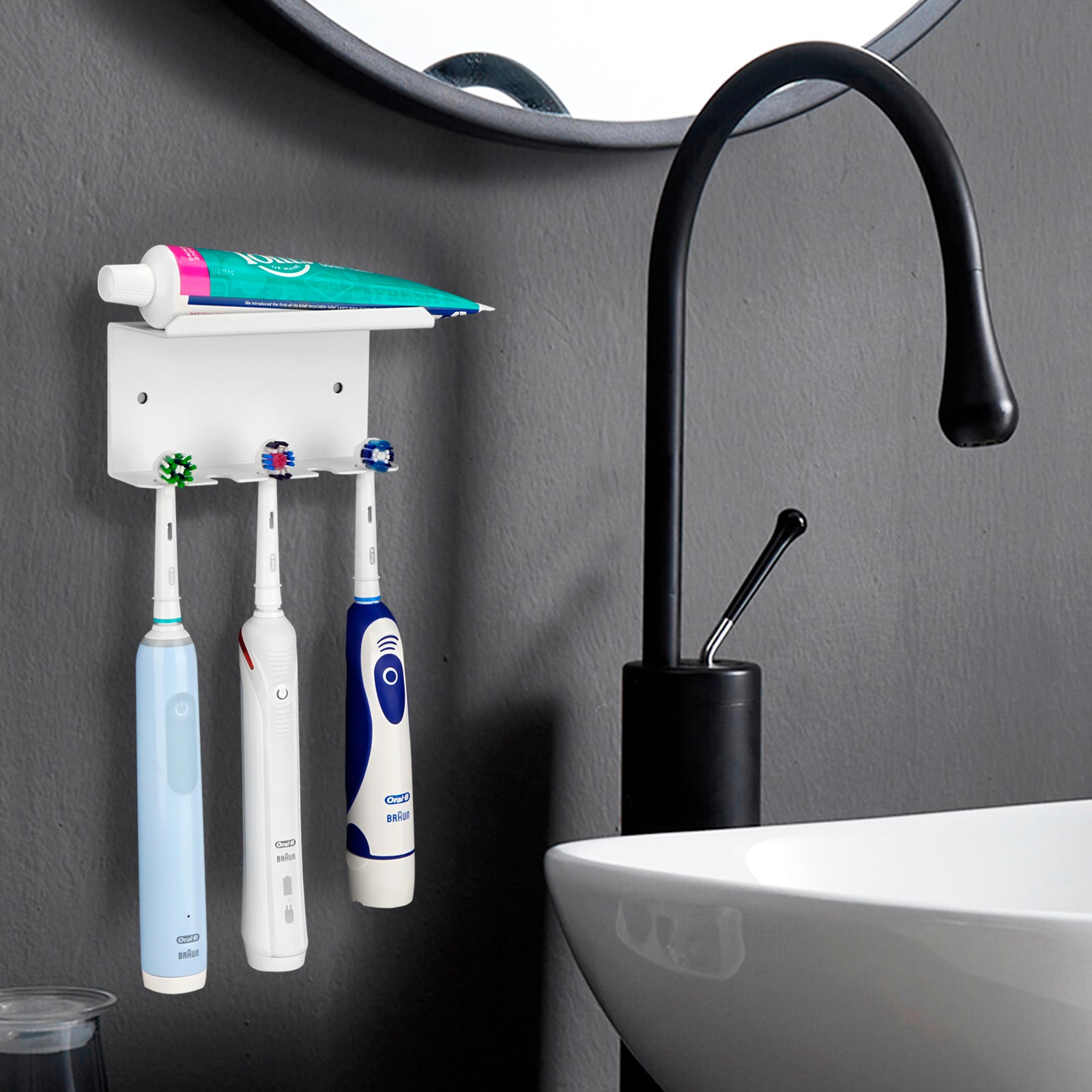 Linkidea Wall Mount Electric Toothbrush Holder for Bathroom, Aluminum Self Adhesive 5 Slots Tooth Brush Organizer Hanger Compatible with Oral-B iO Series, Philips Sonicare 5100/5300 (White)