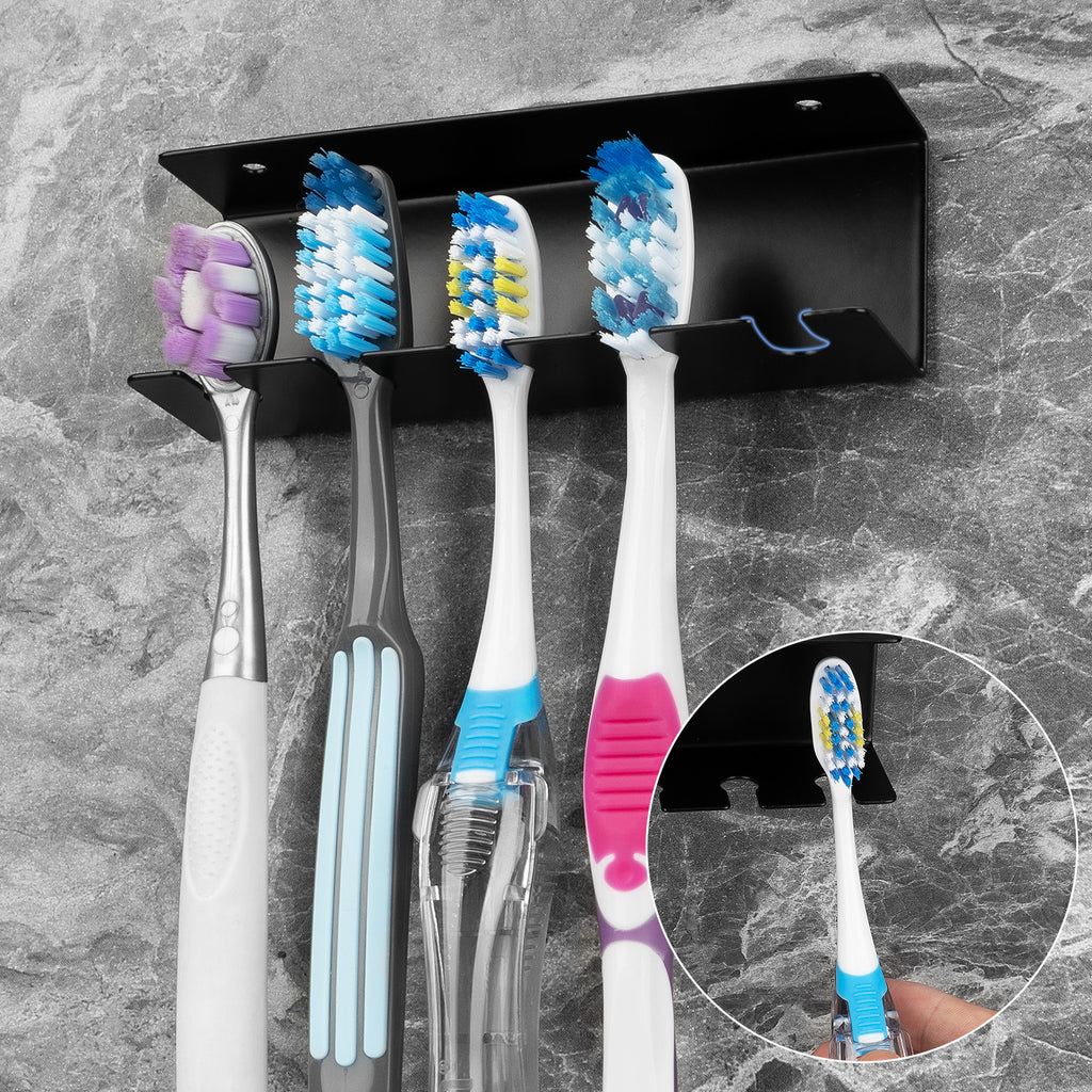 Linkidea Wall Mount Toothbrush Holder for Bathroom, Space Saving Organizer for RV, Cabinet, Stainless Steel 5 Slots Hanger Compatible with Colgate ExtraClean, Oral-B CrossAction(Black)