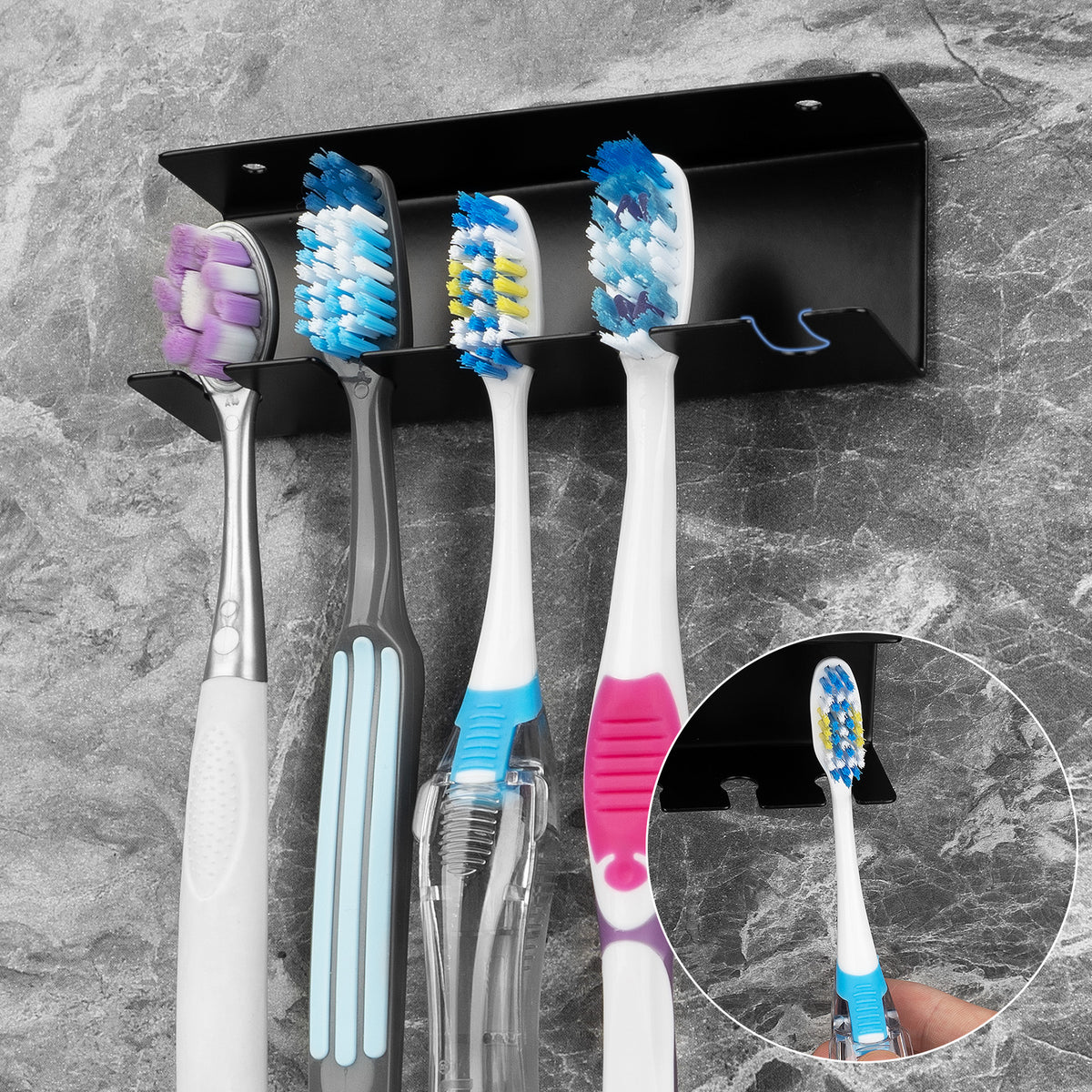 Linkidea Wall Mount Toothbrush Holder for Bathroom, Space Saving Organizer for RV, Cabinet, Stainless Steel 5 Slots Hanger Compatible with Colgate ExtraClean, Oral-B CrossAction(Black)