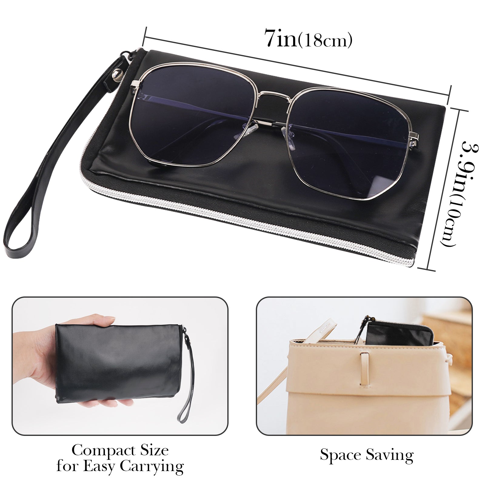 Large Sunglasses Pouch Case, Black Vegan Leather Eyewear Organizer Soft Bag Compatible with CELINE CL40227U Versace VE4395 Gucci GG0595S GG0875S