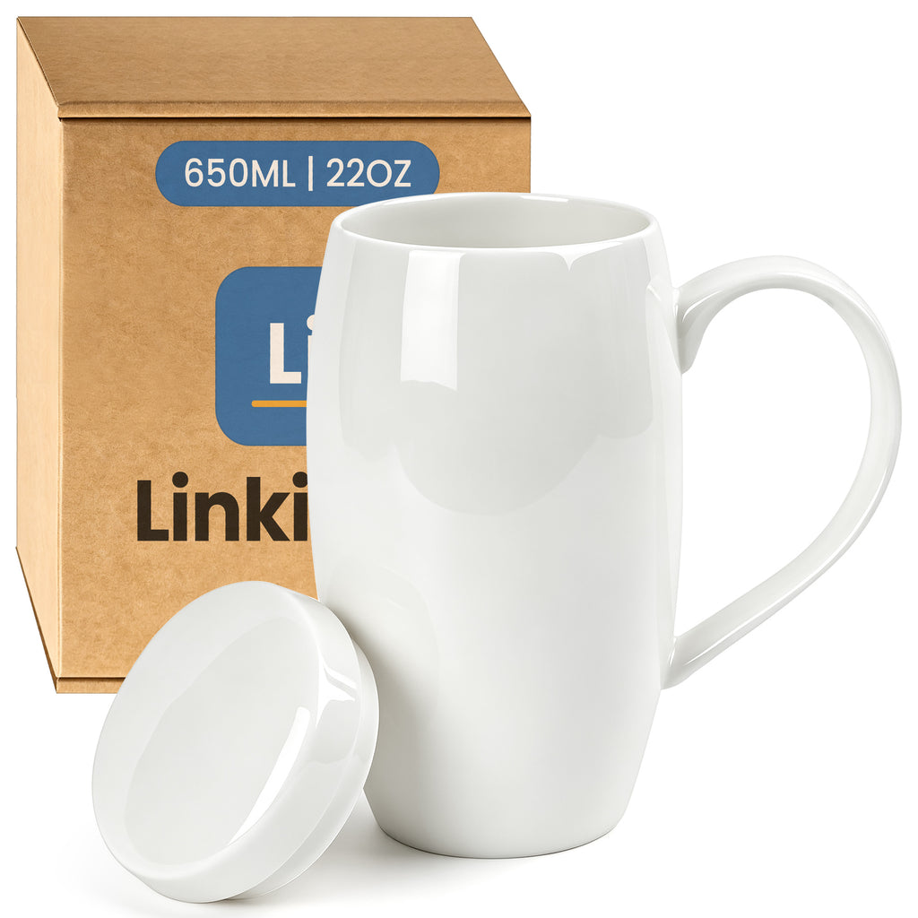 Linkidea 22oz Extra Large Fine Bone China Coffee Mug with Lid, Oversized Coffee Cups with Handles, Big Teacups for Office and Home, Microwave and Dishwasher Safe, White