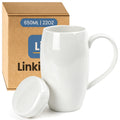 Linkidea 22oz Extra Large Fine Bone China Coffee Mug with Lid, Oversized Coffee Cups with Handles, Big Teacups for Office and Home, Microwave and Dishwasher Safe, White
