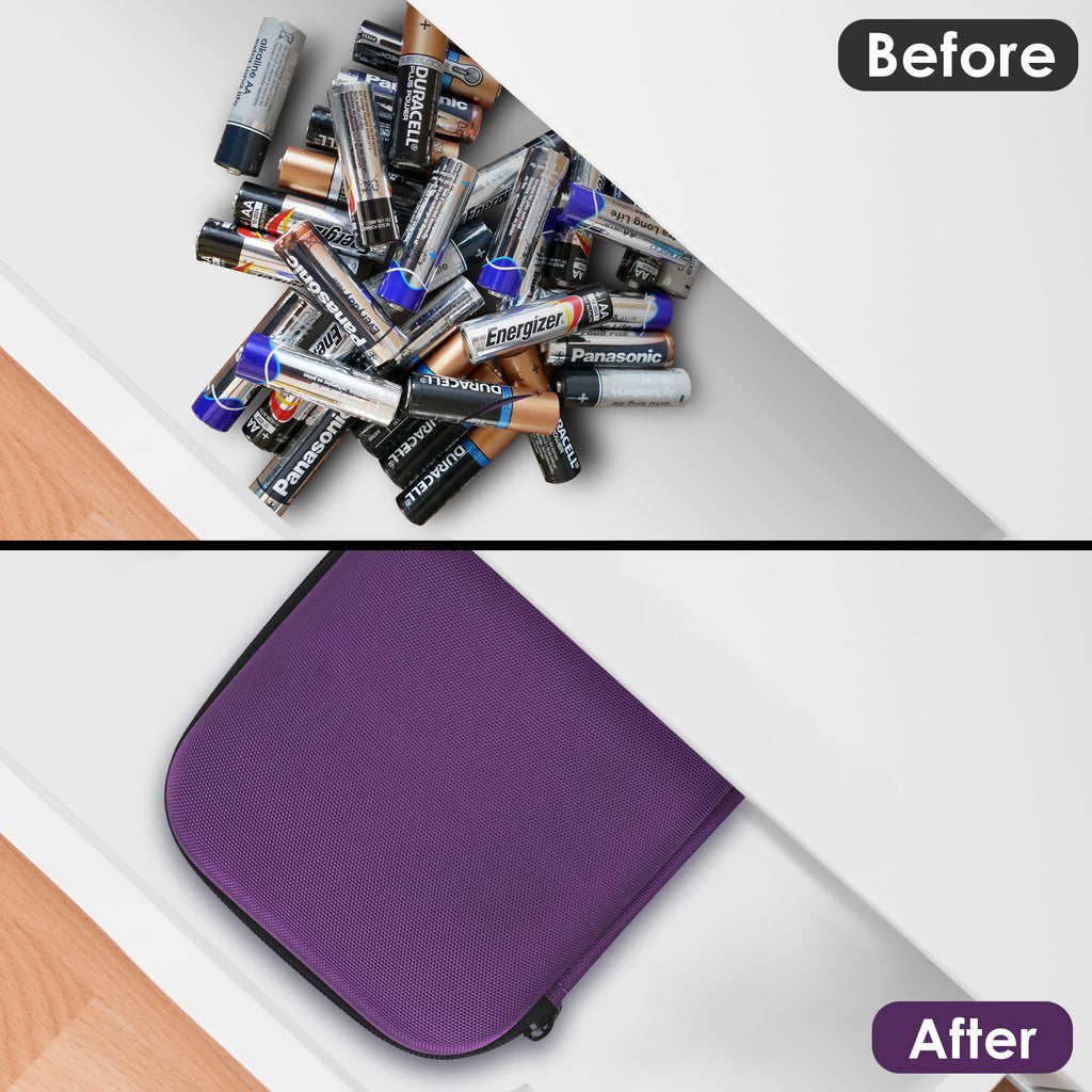 Linkidea Small Hard Case Battery Organizer Storage Box, Portable Holder and Carrying Container for 32 AA AAA Cells, Compact Travel Storage Case (Purple)