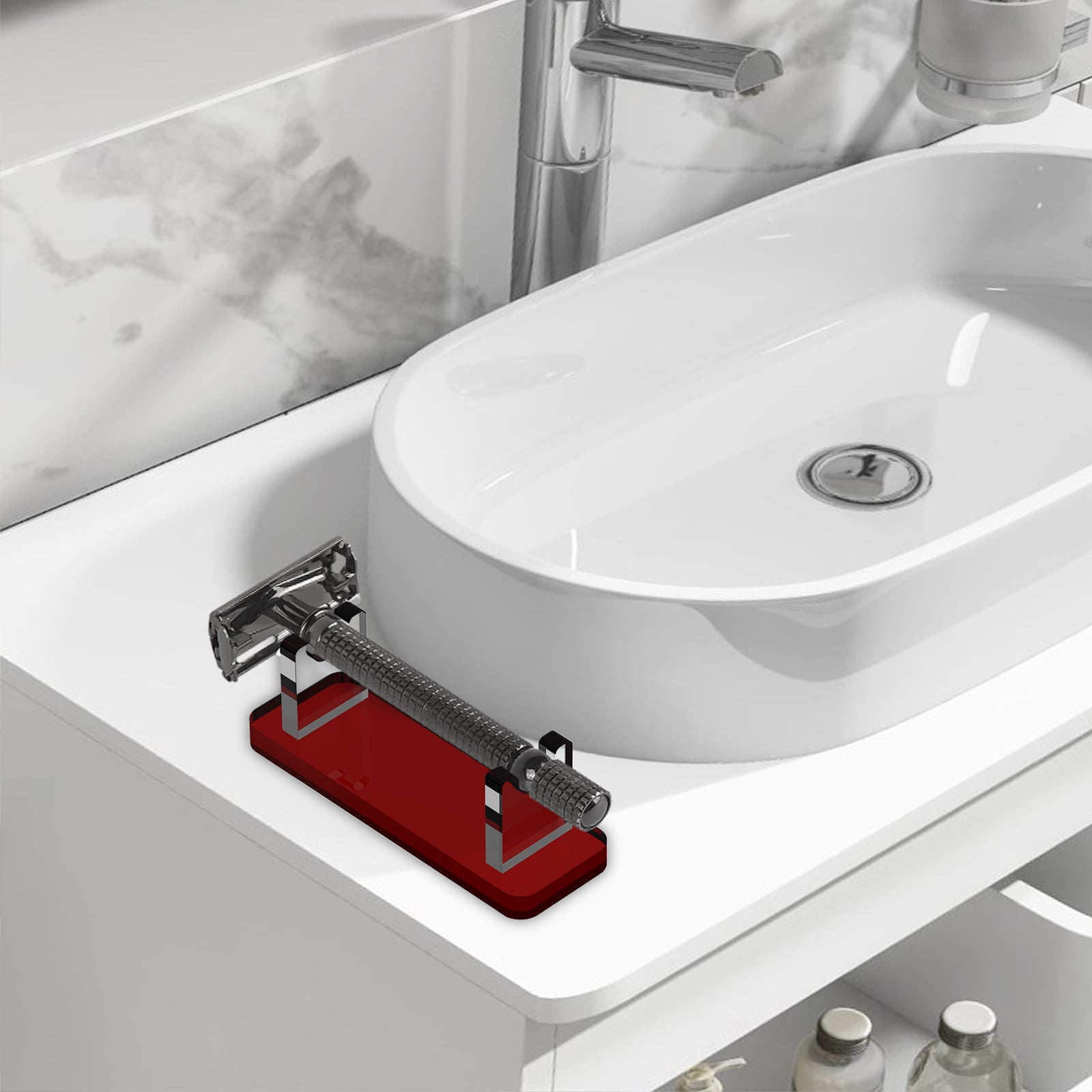 Linkidea Acrylic Razor Stand Holder for Men, Bathroom Organizer Easy to Clean, Compatible with Long Handle Safety Razors Viking Blade Chief, MK-23C, Henson AL13, Shaving Revolution (Red)