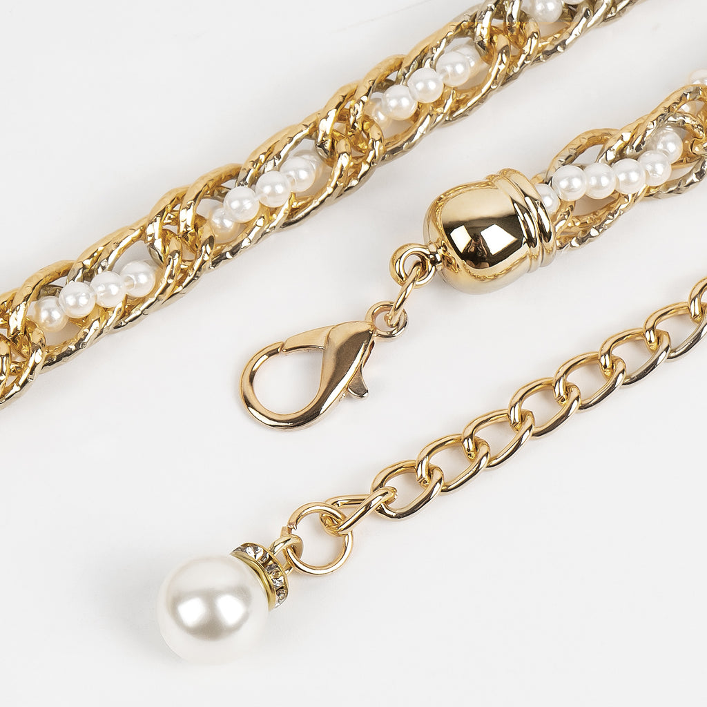 Plus Size Chain Belt for Women, Gold and White Faux Small Pearl Waist Belt, 51 Inch Adjustable Extra Long Body Decorate for Dresses, Party, Casual Wear, Fashion Jewelry Accessory
