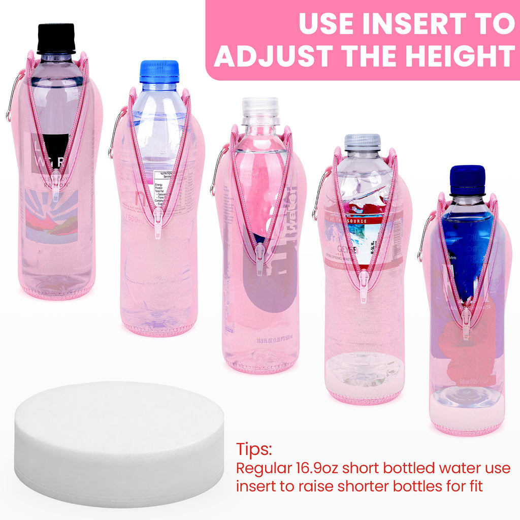 Linkidea 2 Pack Disposable Water Bottle Sleeve Compatible with Smartwater 16.9/20 Fl Oz, Evian 16.9 Fl Oz, Insulated Neoprene Bottled Water Cover Holder with Lockable Zipper, Pink