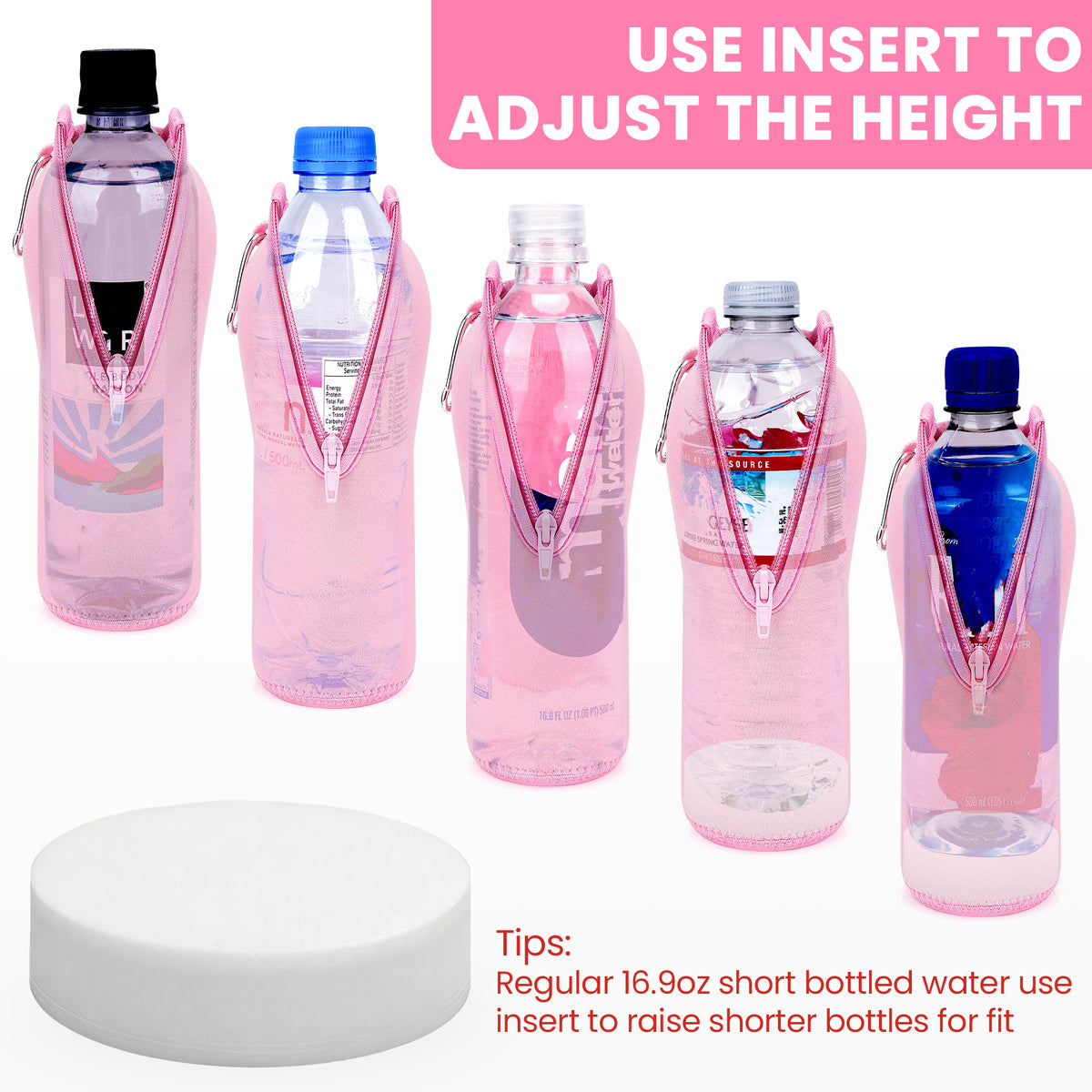 Linkidea 2 Pack Disposable Water Bottle Sleeve Compatible with Smartwater 16.9/20 Fl Oz, Evian 16.9 Fl Oz, Insulated Neoprene Bottled Water Cover Holder with Lockable Zipper, Pink