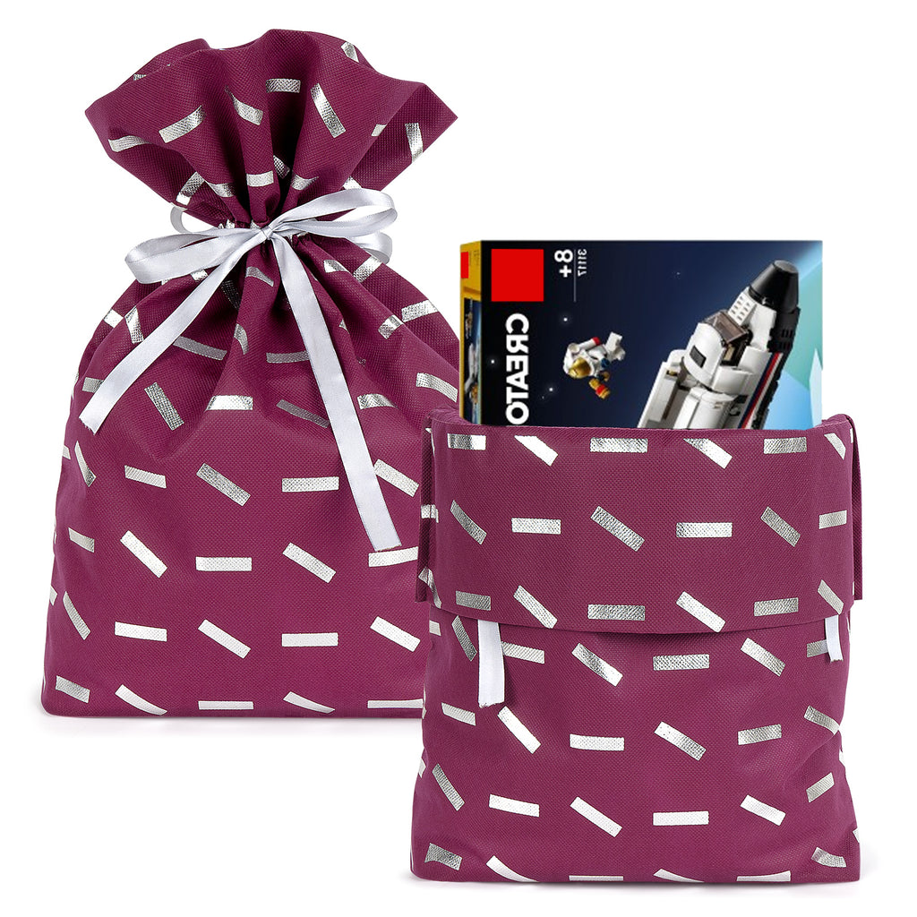 Linkidea 4 Pack Reusable Drawstring Gift Bags, Present Storage Bag for Birthday, Christmas, Non-Woven Fabric Gift Wrap Tote Bag for Kids Party Compatible with LEGO Toys (Size M / Purple)