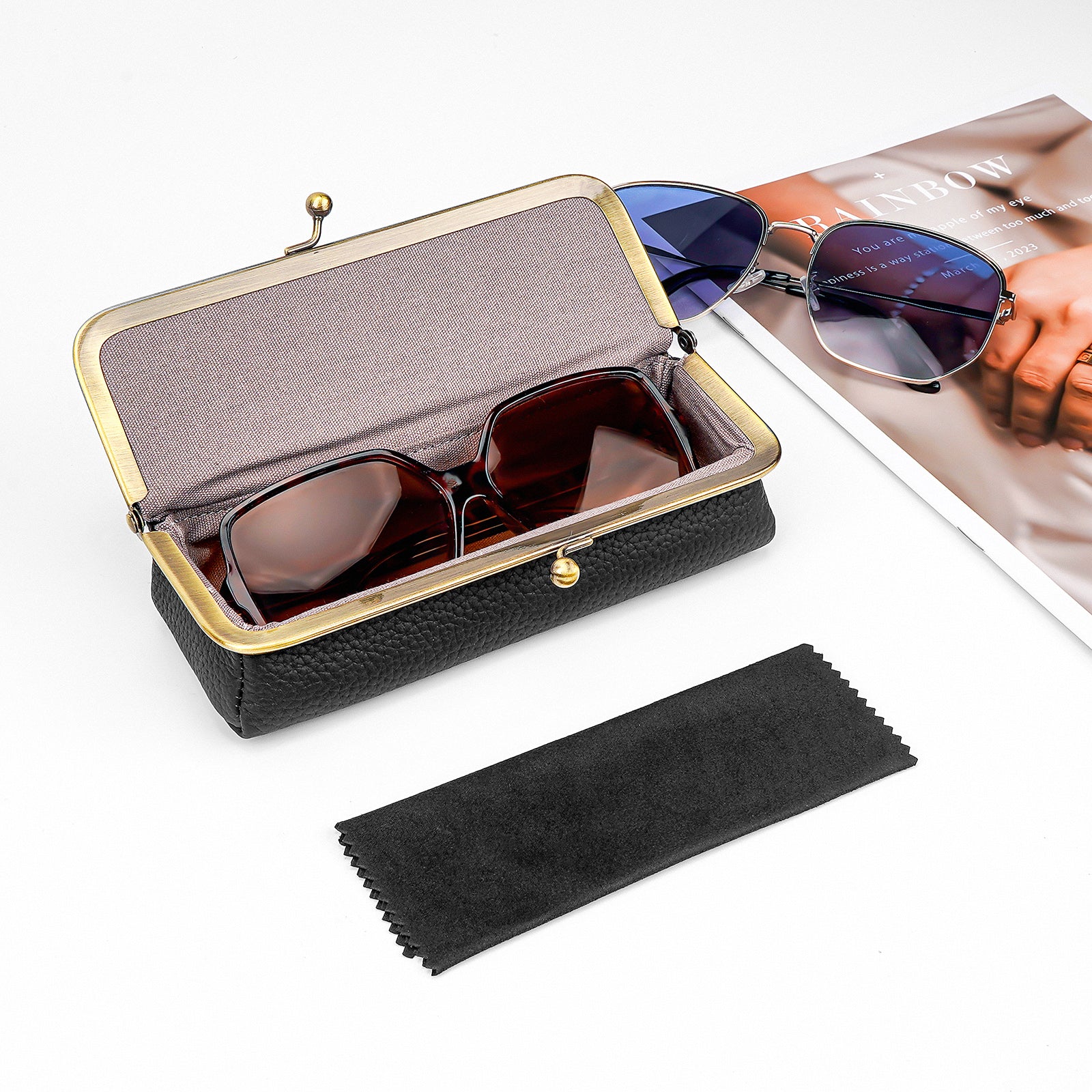 Extra Large Sunglasses Pouch Case, Black Vegan Leather Shades Organizer Soft Bag Compatible with RayBan RB4401D RBS0101S RB8097 RB8089 QUAY Versace VE4395