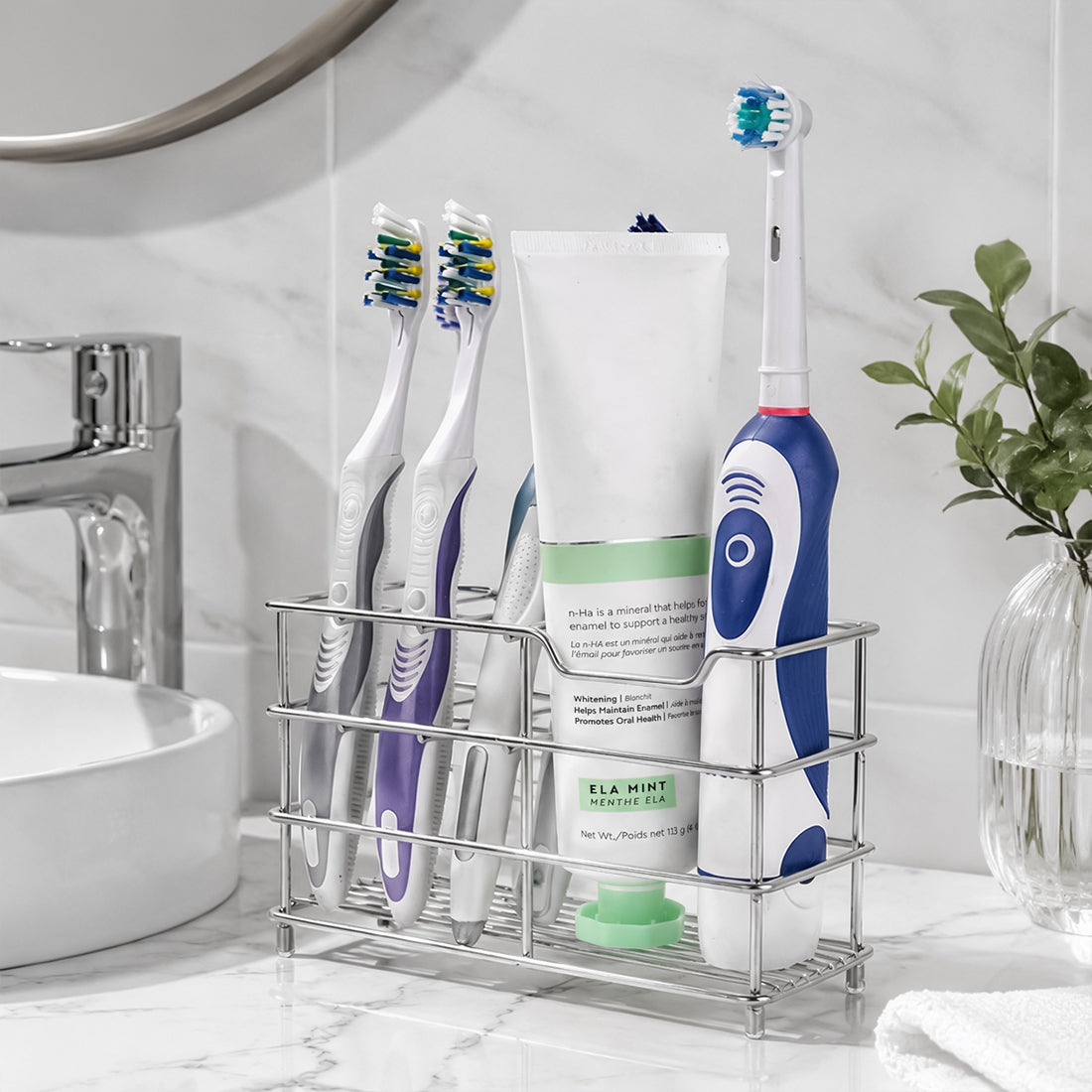 Linkidea Stainless Steel Toothbrush Holder Stand for Shower, Bathroom, Wallmount/Countertop 7 Slot Organizer Compatible with Colgate Extra Clean, Oral-B CrossAction