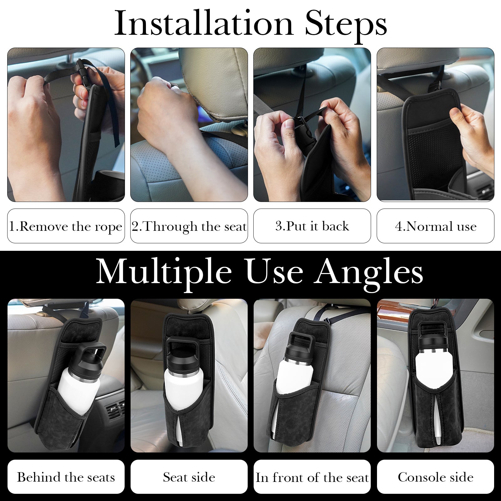 Linkidea Car Seat Side Large Water Bottle Holder Compatible with Owala FreeSip 24oz/32oz, Yeti Rambler 26oz/36oz, Auto Seat Large Car Bottle Hanging Storage Organizer with Mesh Pocket, Black