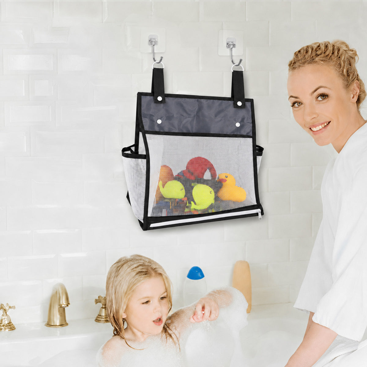 Linkidea 2-Pack Hanging Mesh Bathroom Storage Organizer, Large Capacity Bathtub Basket with Adhesive Hooks, Shower Caddy for Kids Bath Toys, Toiletries and Accessories