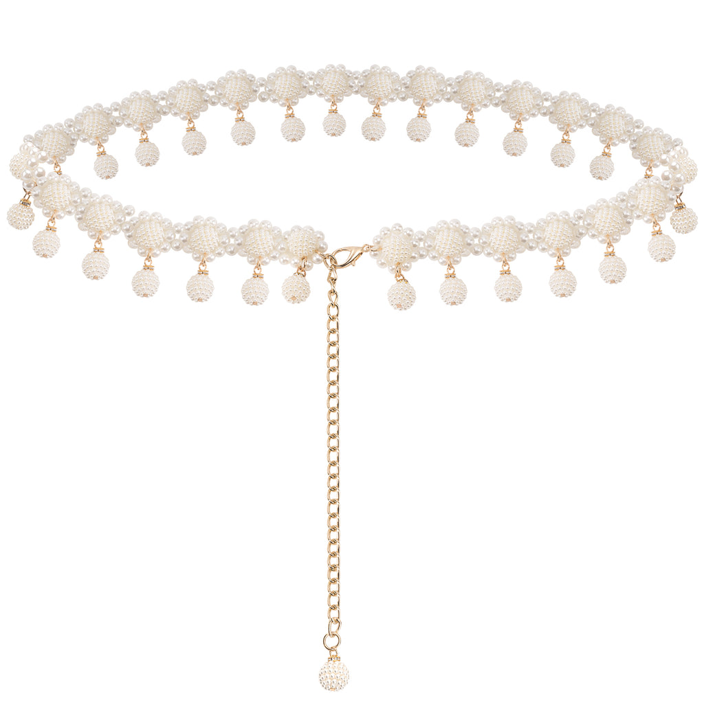 White Pearl Waist Chains with Pendant, Plus Size Pearls Chain Belt for Women, Max 47.5 Inch Adjustable Chunky Body Accessory