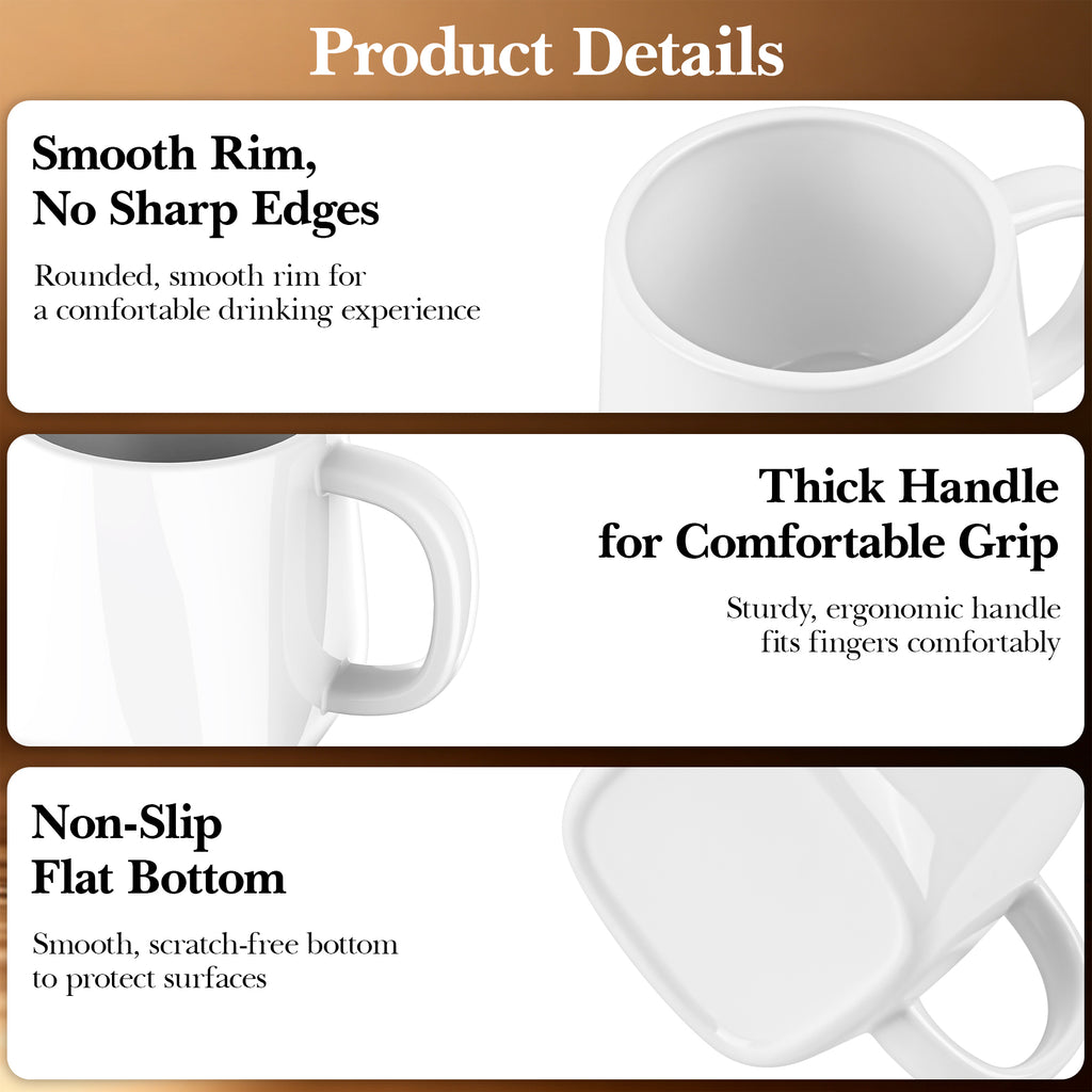 Linkidea Oversized Ceramic Coffee Mug, 24oz Extra Large Square Bottom Mug with Handle, Big Large Teacups Drinking Cup for Home and Office, Microwave and Dishwasher Safe, White