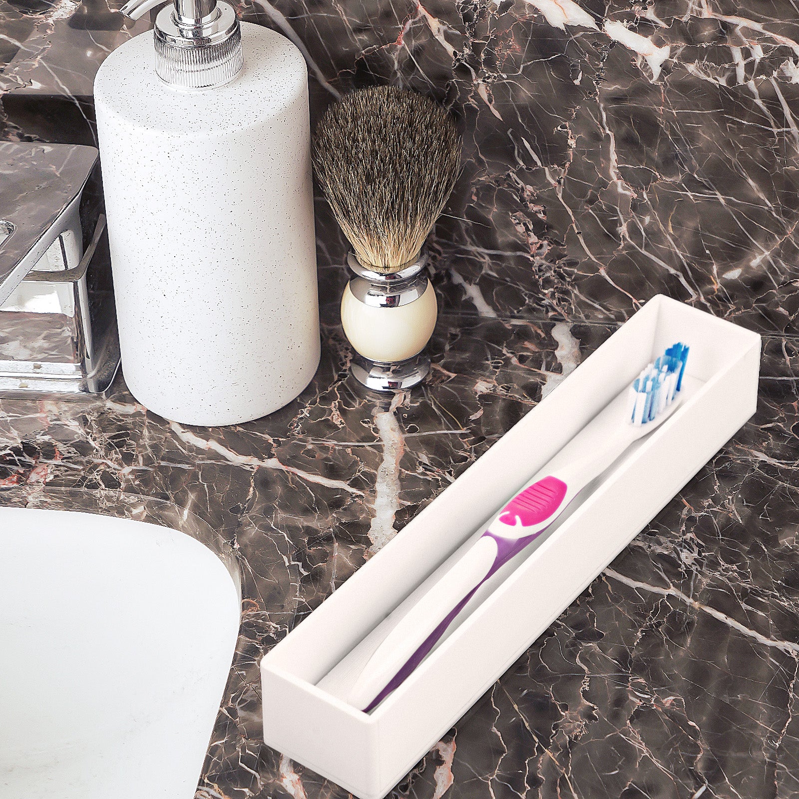 Linkidea Acrylic Toothbrush Holder with Diatomite Drying Stone, Bathroom Drawer Organizer with Drainage Hole for Tooth Brush, Compatible with Colgate Extra Clean, Oral-B CrossAction (White)