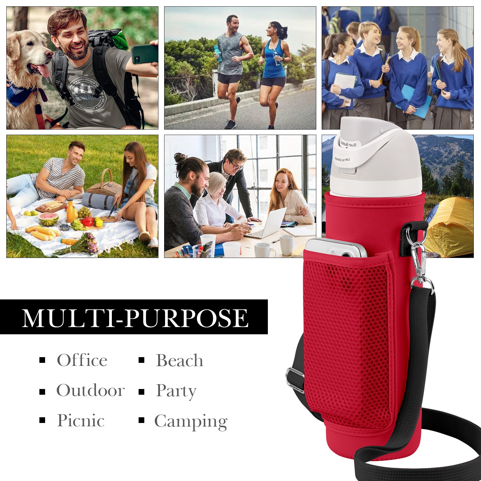 Linkidea Water Bottle Carrier with Shoulder Strap Compatible with Owala FreeSip Bottle 24oz, Waterbottle Sling Bag Holder with Mesh Phone Pocket, Red