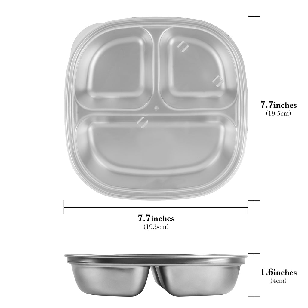Linkidea 2 Pcs Stainless Steel Portion Control Plate, 3 Compartments Divided Plate with Lid, Durable Meal Prep Pan for Adults Suitable for Diet Food Control, Camping Use