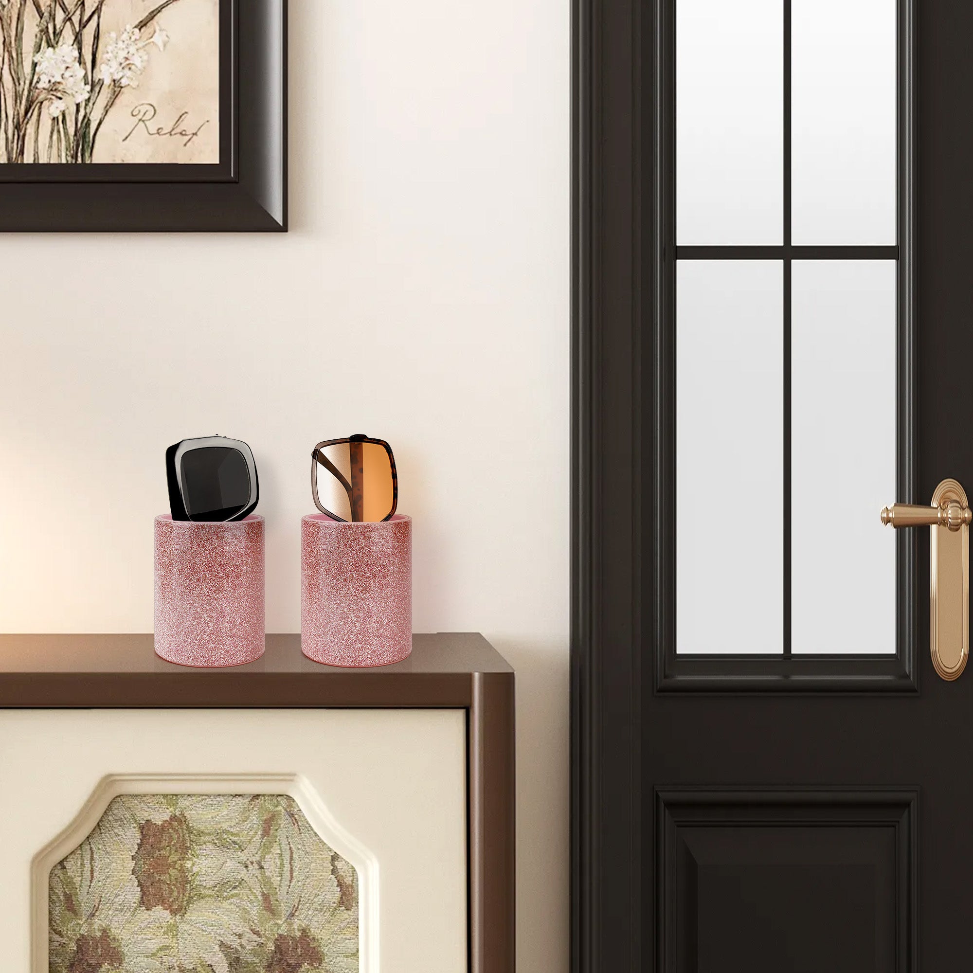 Extra Large Sunglasses Desk Holder Stand, 2 Pack Pink Vegan Leather Eyeglasses Display Storage with Flock Lining, Sunwear Organizer Compatible with Rayban RB220/RB2195/RB3447/RB3809
