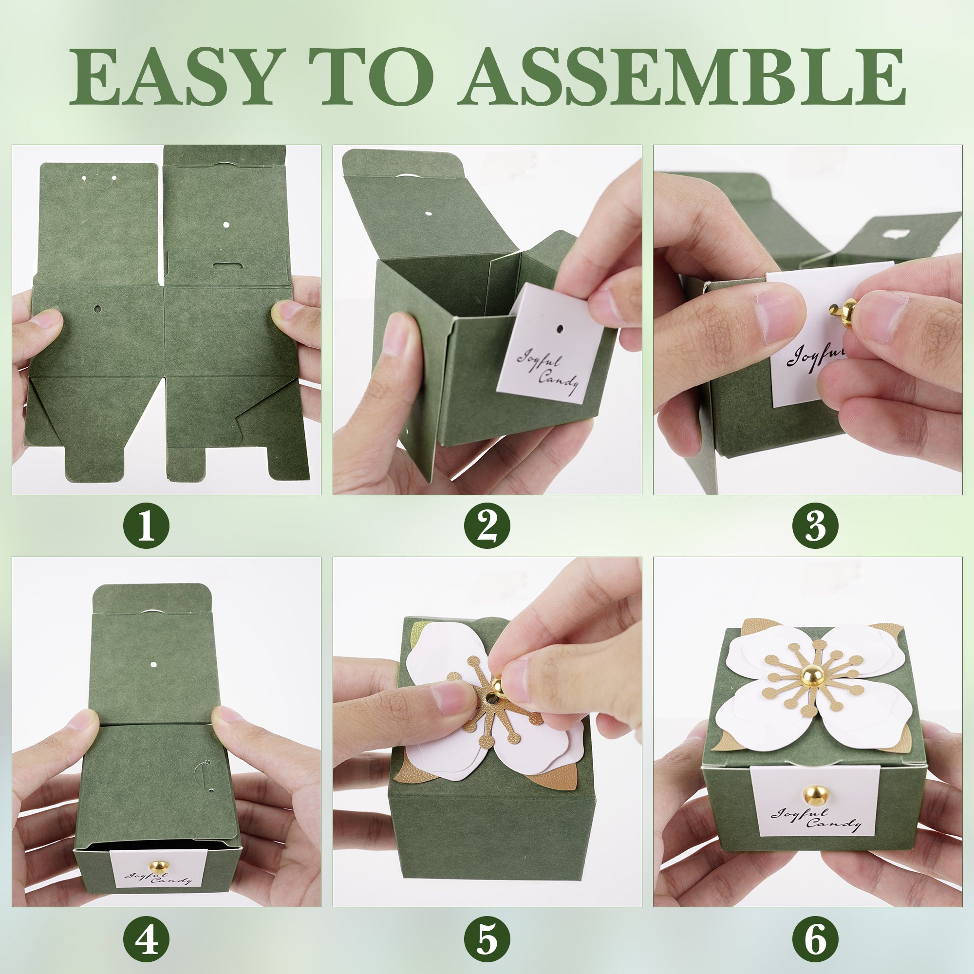 Linkidea 20 Pcs Green Floral Folding Candy Gift Boxes 2.55" x 2.55" x 1.77" for Wedding Favors, Elegant Party Thank You Boxes with Tags