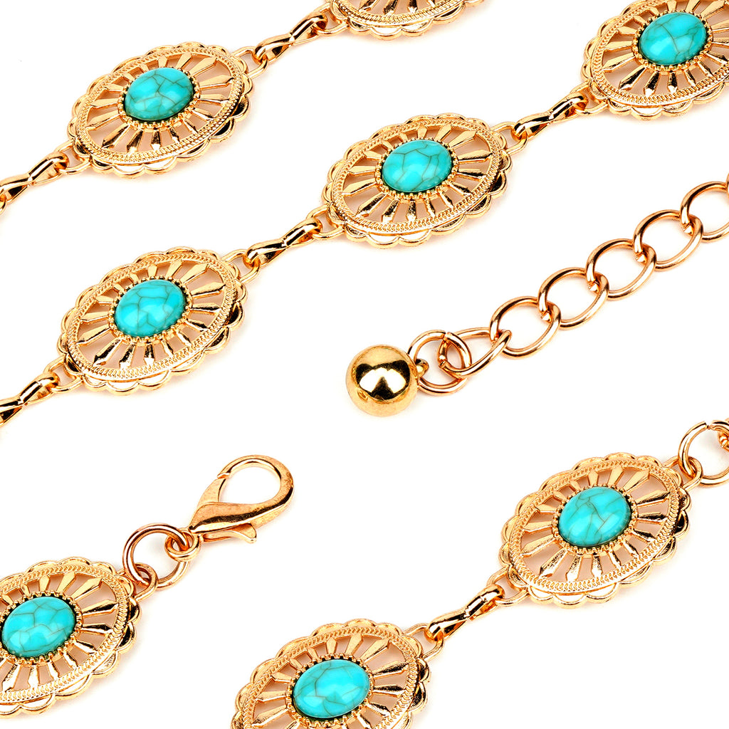 Plus Size Chain Belt for Women, Turquoise Stone Gold Metal Chain Belt Women Belly Waist Chains, Extra Long Body Chain, 59 Inch Adjustable Chunky Belt Chain
