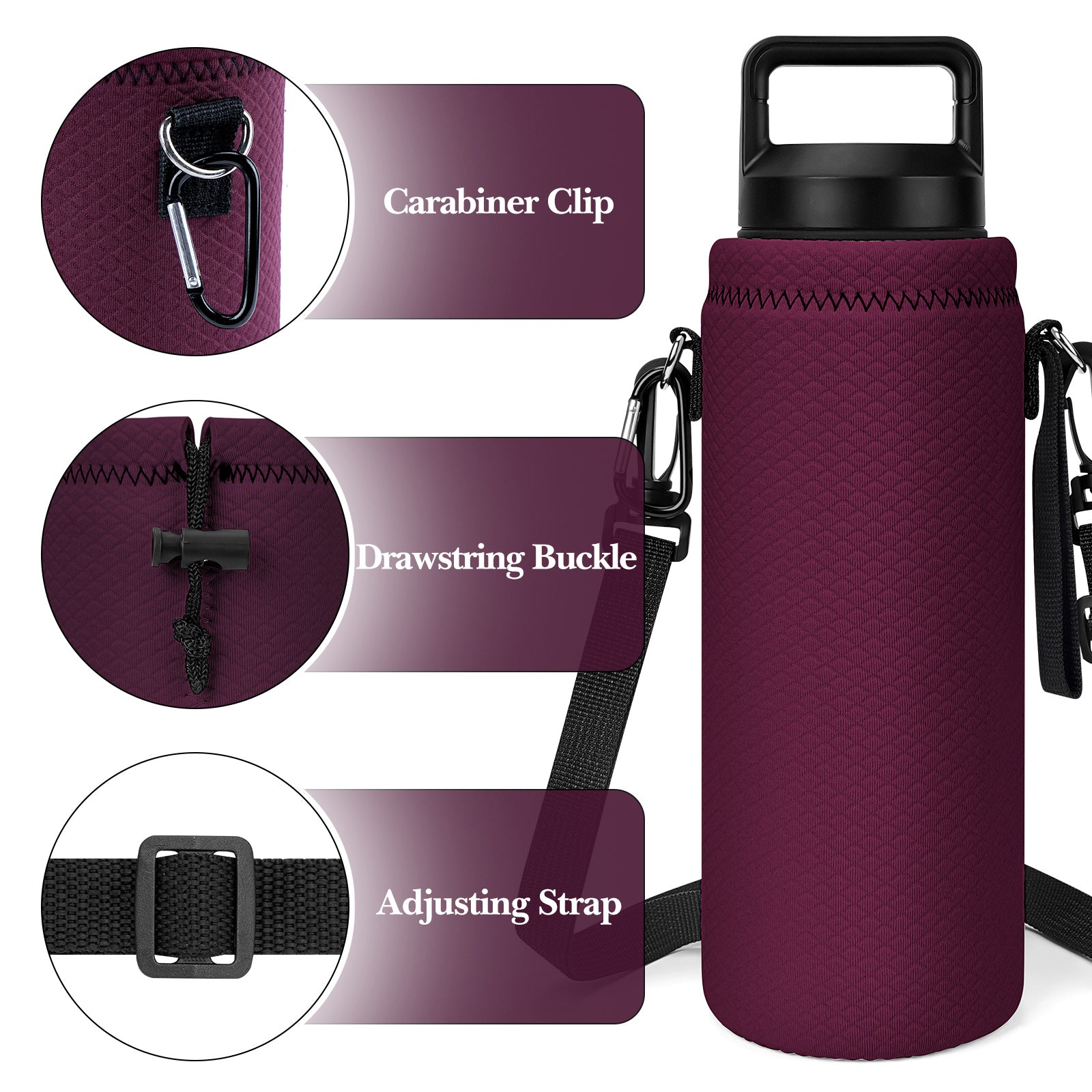 Linkidea Water Bottle Carrier with Strap Compatible with YETI Rambler Bottle 26oz/36oz, Waterbottle Sling Bag Holder with Shoulder Strap, Wine Red
