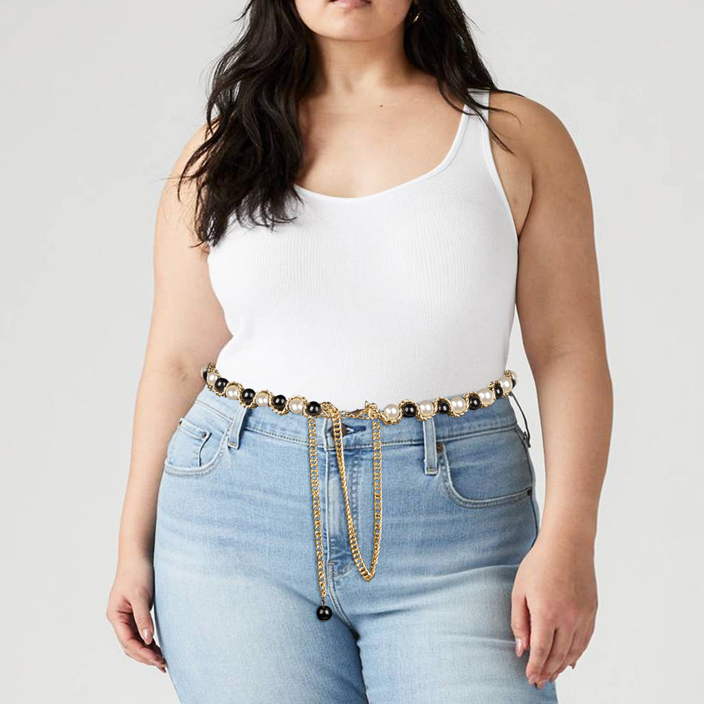 Plus Size Chain Belt for Women, Gold Color and Black White Faux Pearl Waist Chains, Extra Long Body Chain, 31-51 Inch Adjustable Chunky Belt Chain