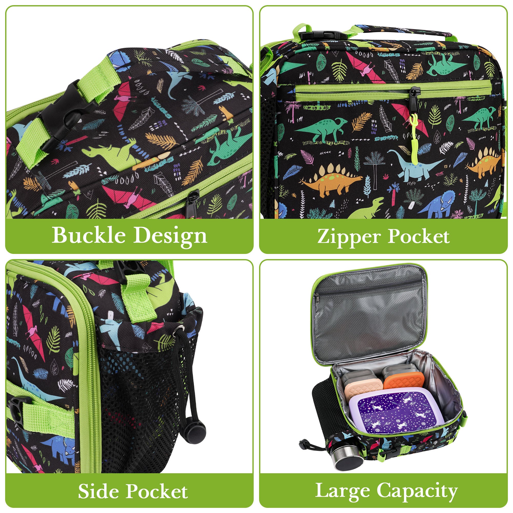 Linkidea Lunch Bag Compatible with Bentgo Lunch Boxes, Insulated Lunch Bag for Kids, Holds Lunch Box, Water Bottle and Snacks, Easy-Clean Water-Resistant Fabric (Dinosaur)