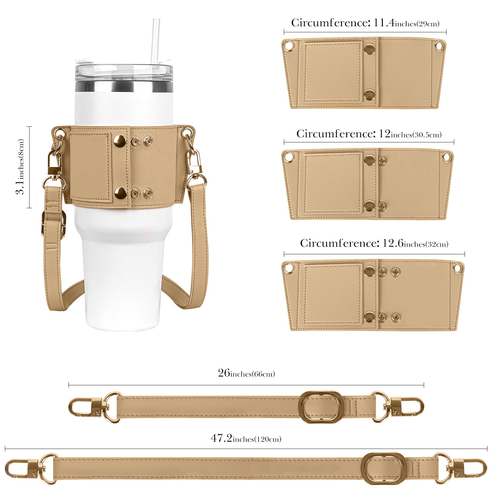 Linkidea Water Bottle Holder with Strap Compatible with Stanley Quencher H2.0 30oz/40oz, Simple Modern 40oz Tumbler, Vegan Leather Waterbottle Bag Holder, Shoulder Strap with Keyring, Tan
