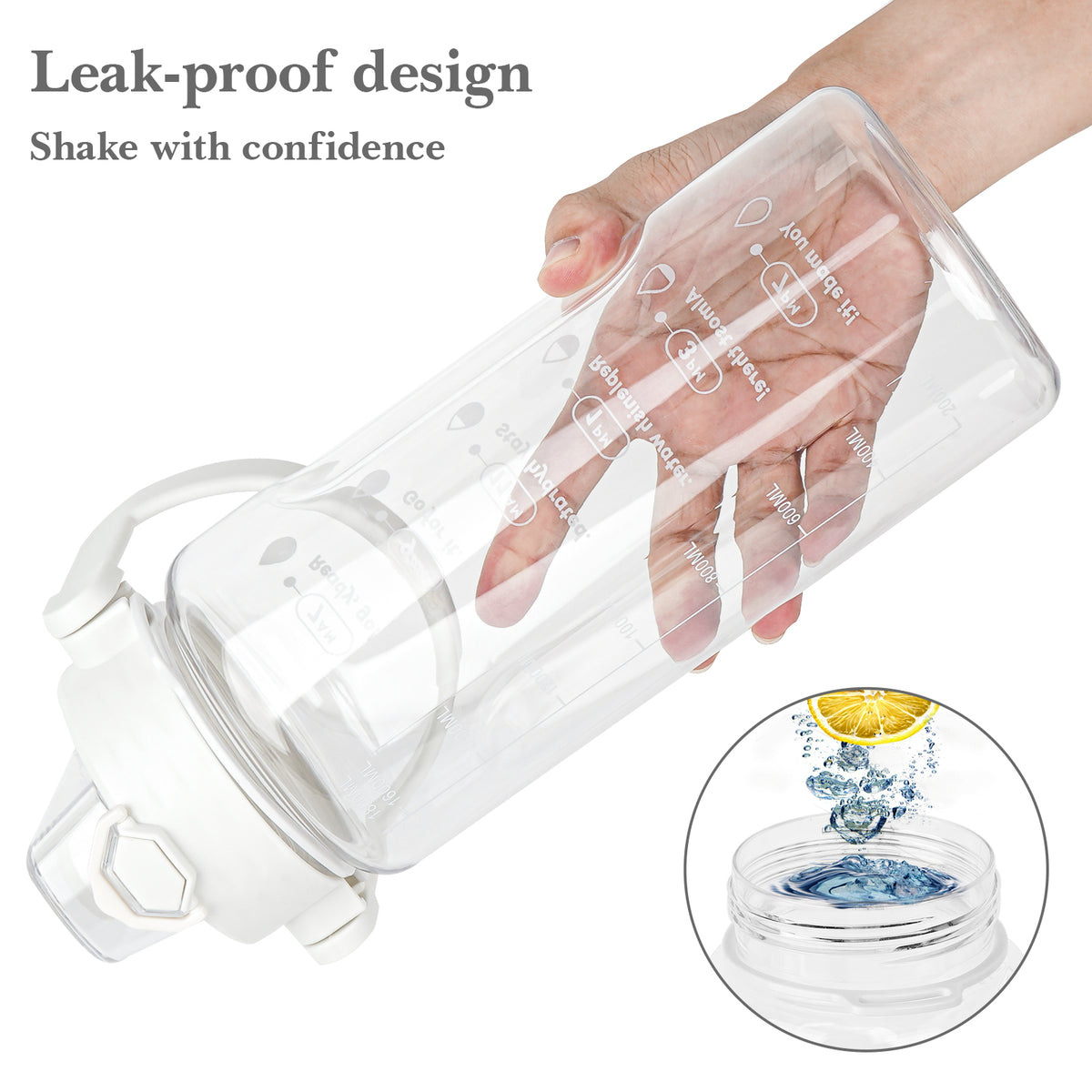 Linkidea 55oz Tritan Water Bottle with Strap & Handle, Reusable Sports Waterbottle with Time Marker, Portable Large Water Bottles for Gym Fitness Outdoor, Shoulder Strap (White & Clear)