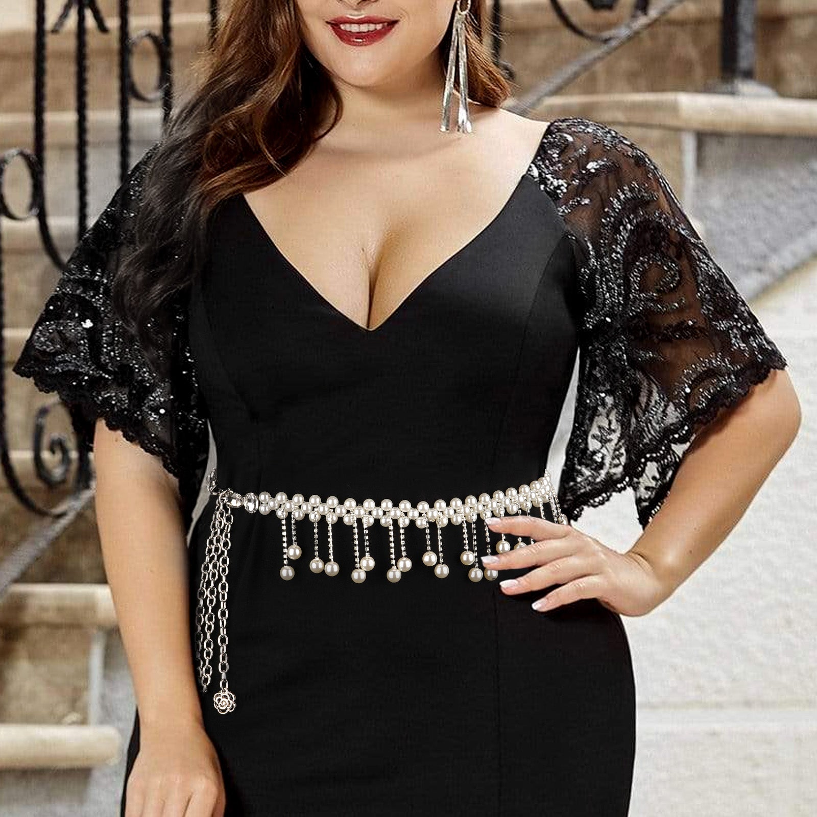 Plus Size Chain Belt for Women, Silver and White Faux Pearl Waist Belt, 49 Inch Adjustable Extra Long Body Decorate for Dresses, Party, Casual Wear, Fashion Jewelry Accessory