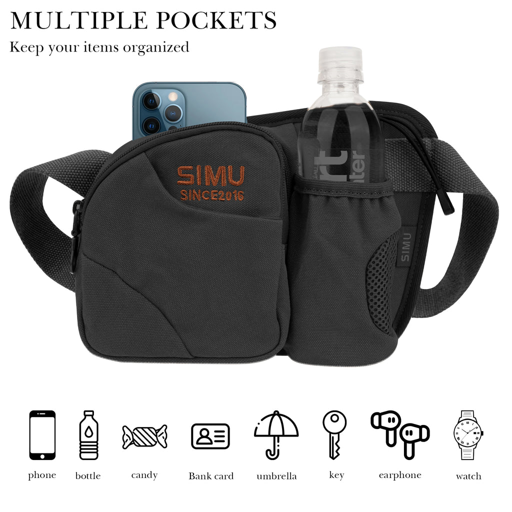 Fanny Pack Waist Bag with Bottled Water Holder, Waist Pack Compatible with Smartwater 16.9/20 Fl Oz, Lifewtr 16.9/20 Fl Oz, Travel Sport Casual Belt Bag for Running Walking Hiking, Black