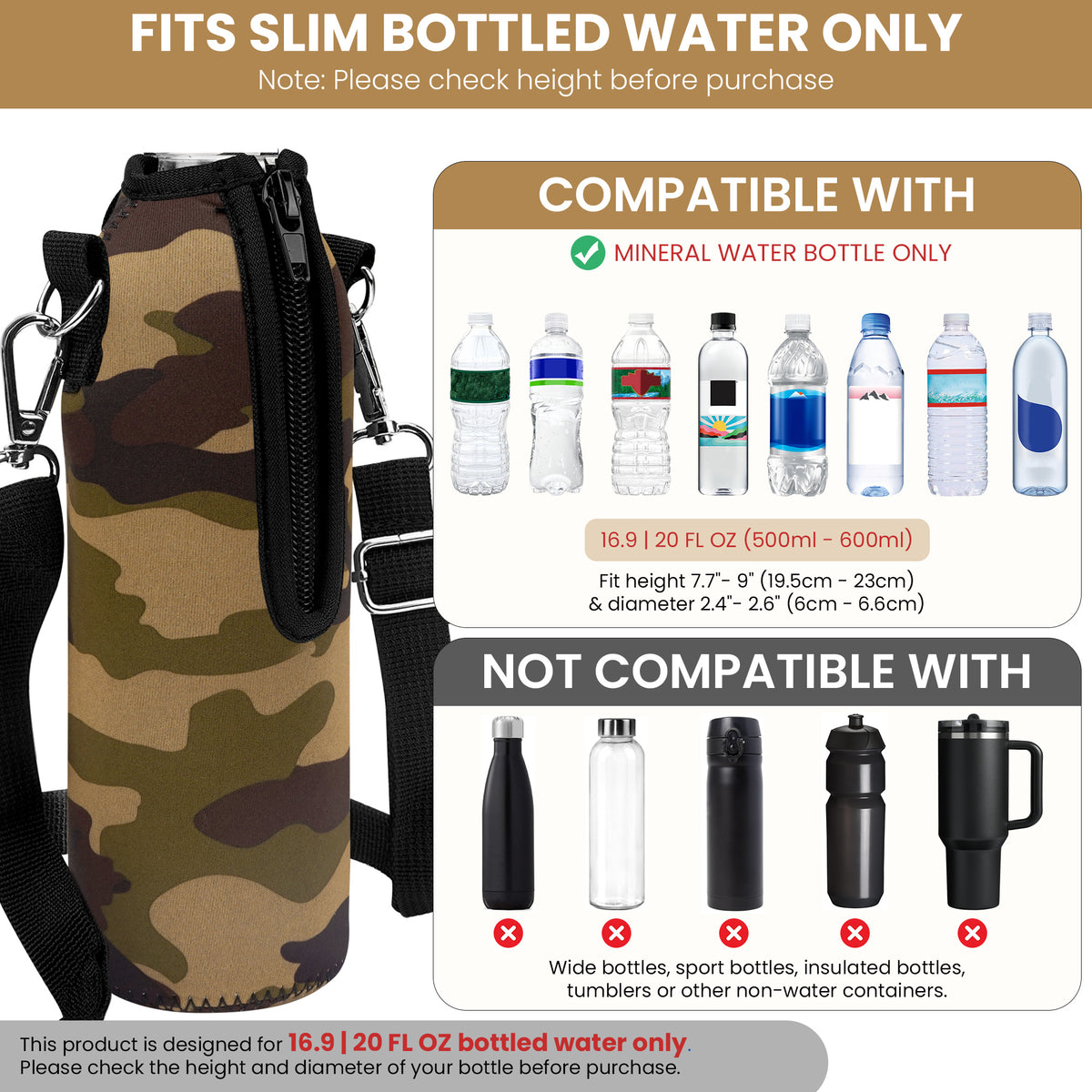 Linkidea Disposable Water Bottle Carrier with Strap Compatible with Smartwater 16.9/20Fl Oz, Insulated Neoprene Plastic Bottled Water Cover Holder with Clip for Backpack (Camo)