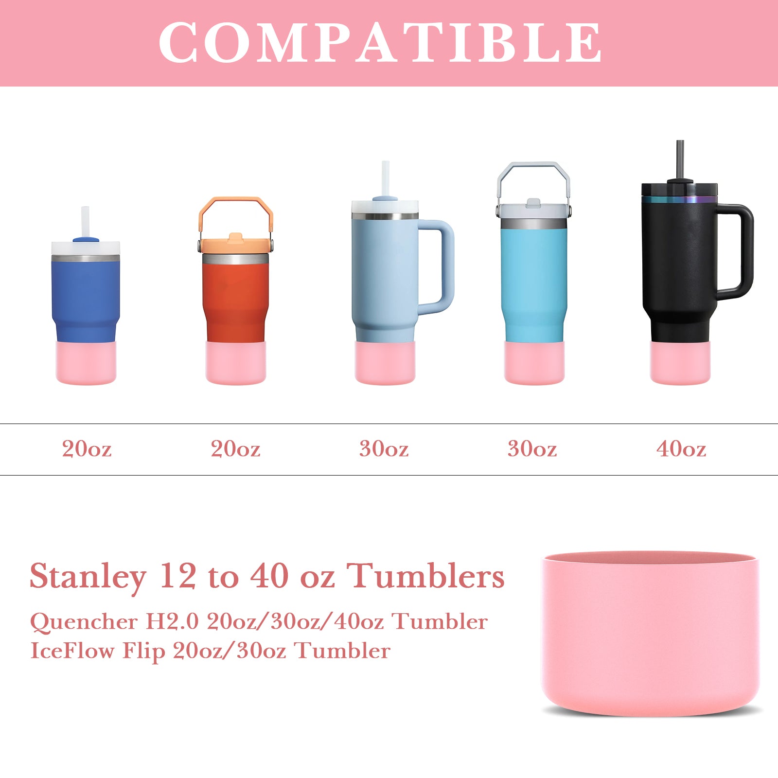 Linkidea 2 Pack Water Bottle Boot Compatible with Stanley Quencher H2.0 20oz/30oz/40oz, IceFlow Flip 20oz/30oz, Silicone Water Bottle Bottom Sleeve Cover Bumper Protector (Light Pink)